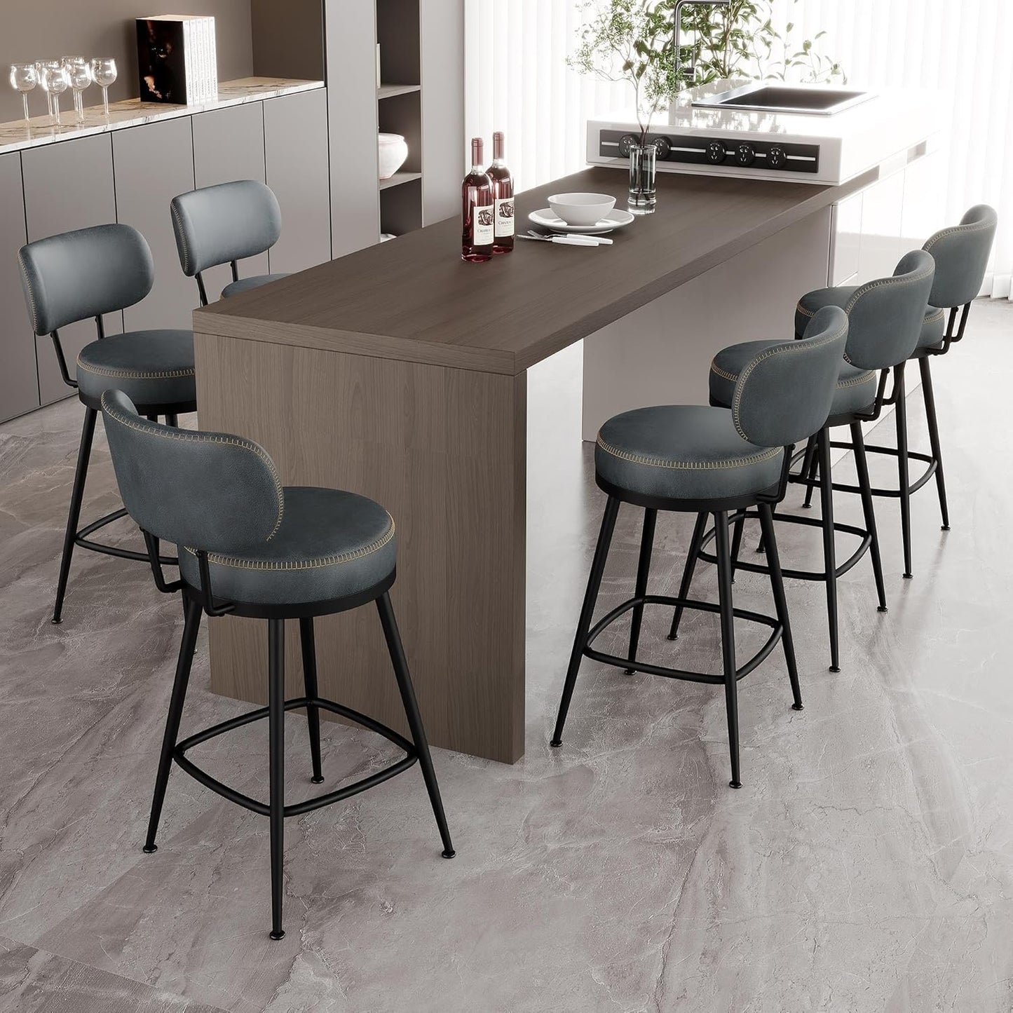 Counter Height Bar Stools, 26" H Swivel Barstools Set of 6, Faux Leather Kitchen Counter Stools with Back and Stylish Stitching, Metal Frame, Pub, Home Bar, Balck Green