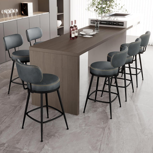 Counter Height Bar Stools, 26" H Swivel Barstools Set of 6, Faux Leather Kitchen Counter Stools with Back and Stylish Stitching, Metal Frame, Pub, Home Bar, Balck Green