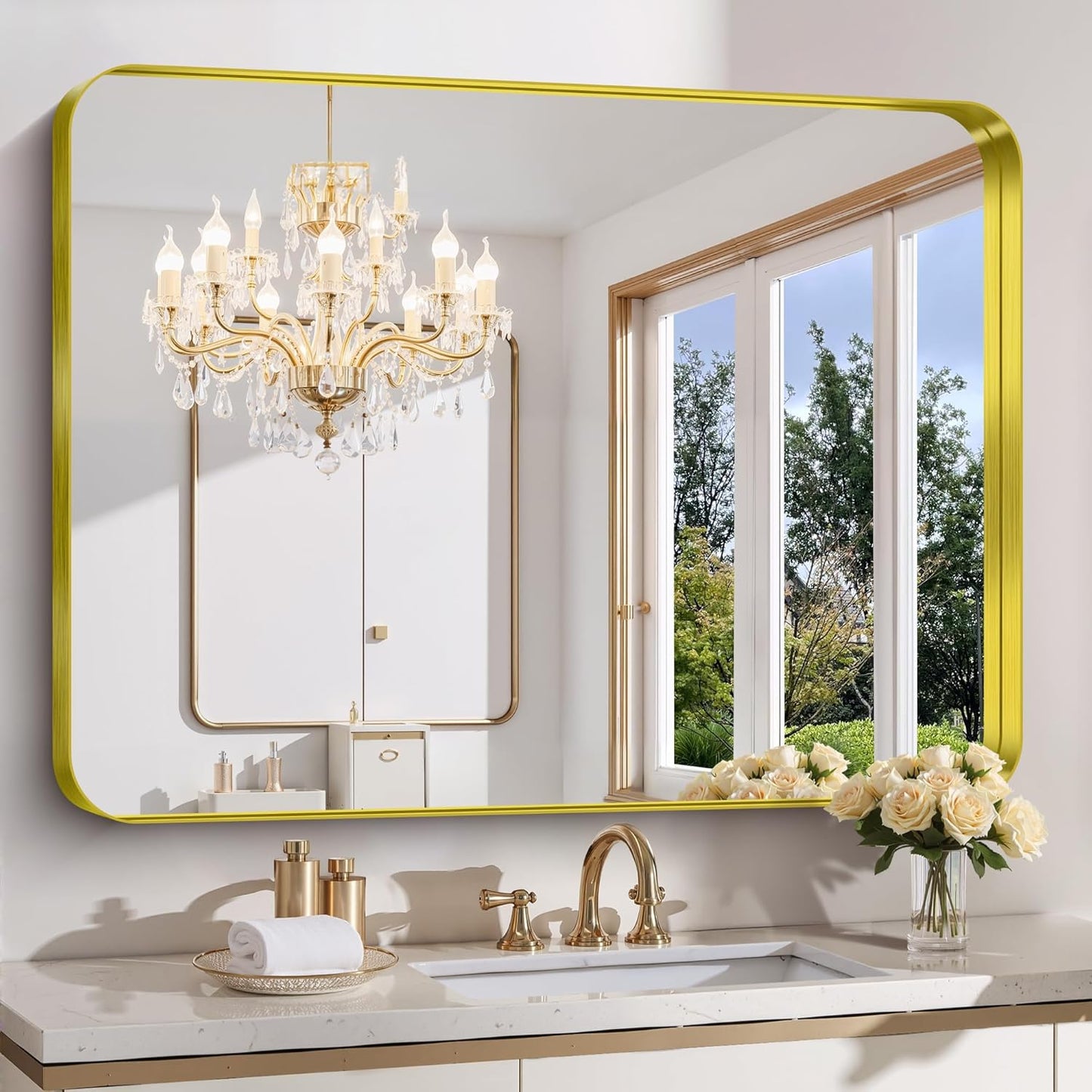 FORBATH 48x36 Inch Bathroom Mirror, Brushed Gold Deep Frame Wall Mirror with Rounded Corners, Anti-Rust Glass for Modern Farmhouse Vanity (Horizontal/Vertical Hanging)