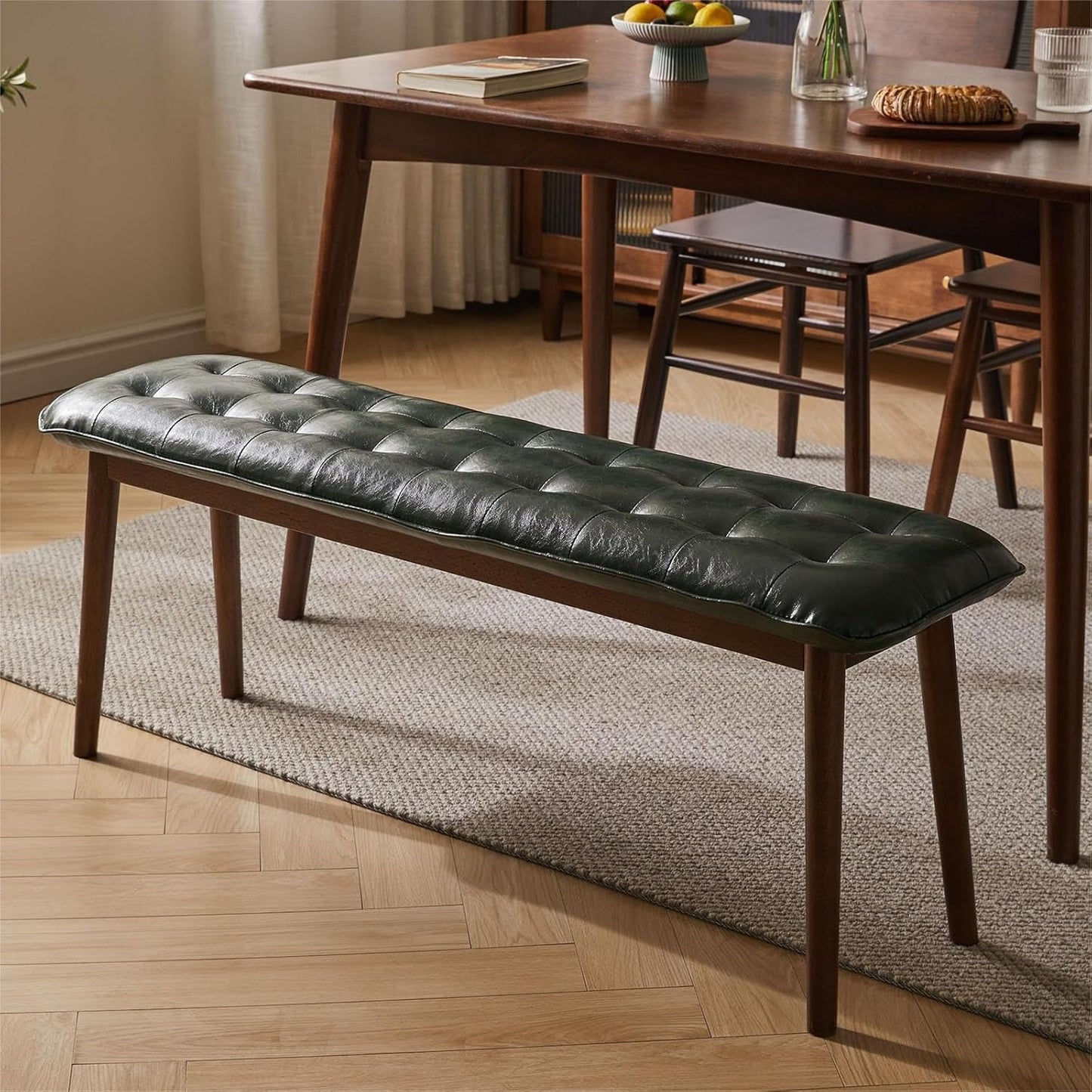 Entryway Bench, Solid Wood Dining Bench, Midcentury End of Bed Bench with PU Leather Padded Seat, Bedroom Bench, 47.24" L x 12.6" W x 17.72" H (Green)