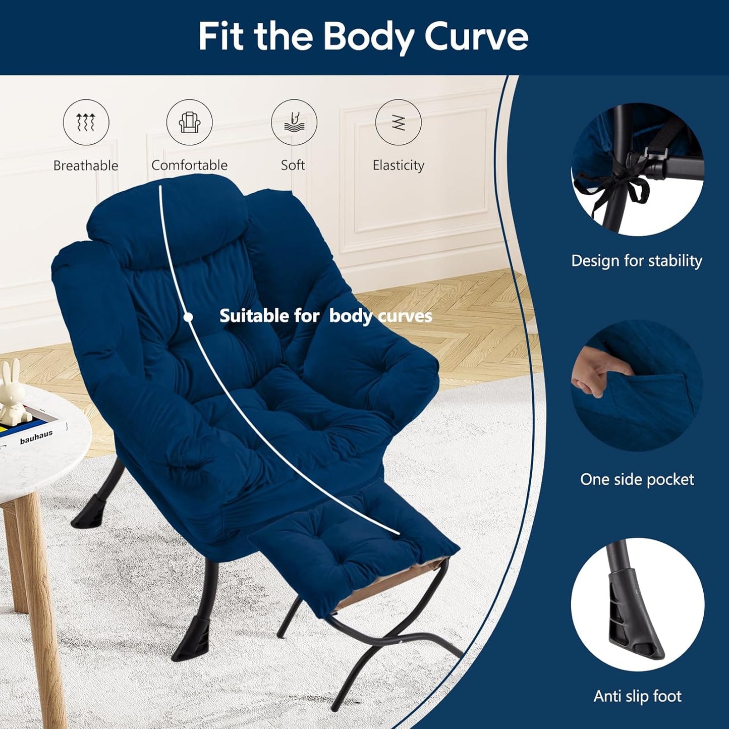 Lazy Chair with Folding Ottoman Modern Large Accent Chair,Contemporary Lounge Leisure Sofa Chair with Armrests Upholstered Sofa Armchair Reading Chair for Bedroom,Dorm & Office(Navy-f)