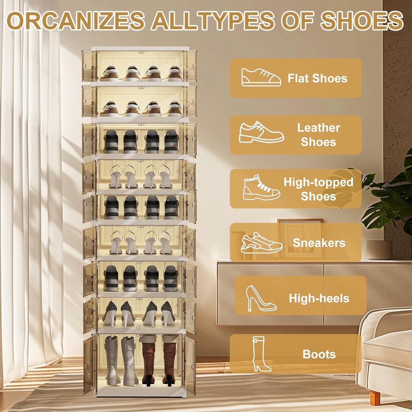 ELPHECO 9 Tier 18 Pairs Plastic Shoe Rack - Clear Foldable Shoe Organizer, Folding Entryway Shoe Cabinet, Collapsible Sneaker with Magnetic Doors, Stackable Shoe Shelf,Three-Sided Clear Shoe Box