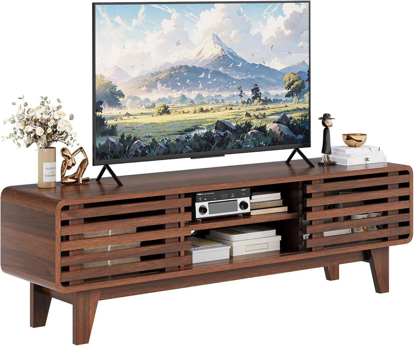 Luoxiao TV Stand for 60 Inch TV, Mid Century Modern Entertainment Center with Storage Boho Television Stand with Shelves and Grille Sliding Doors Wood Media Console for Living Room, Walnut