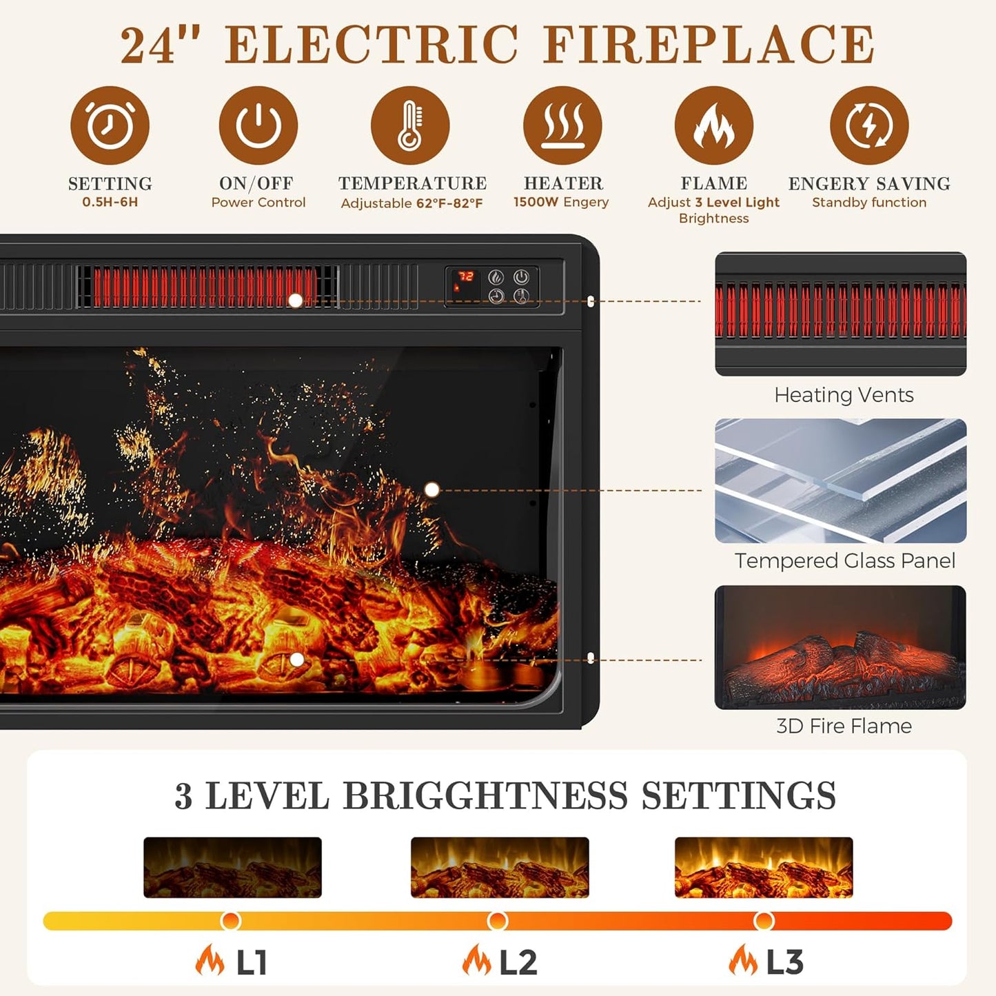 59'' Fireplace TV Stand with 3D Flame Electric Fireplace Heater, 34'' Tall Farmhouse TV Stand for 65 Inch TV, Entertainment Center TV Console with 2 Drawers, Sliding Barn Door for Living Room - Brown