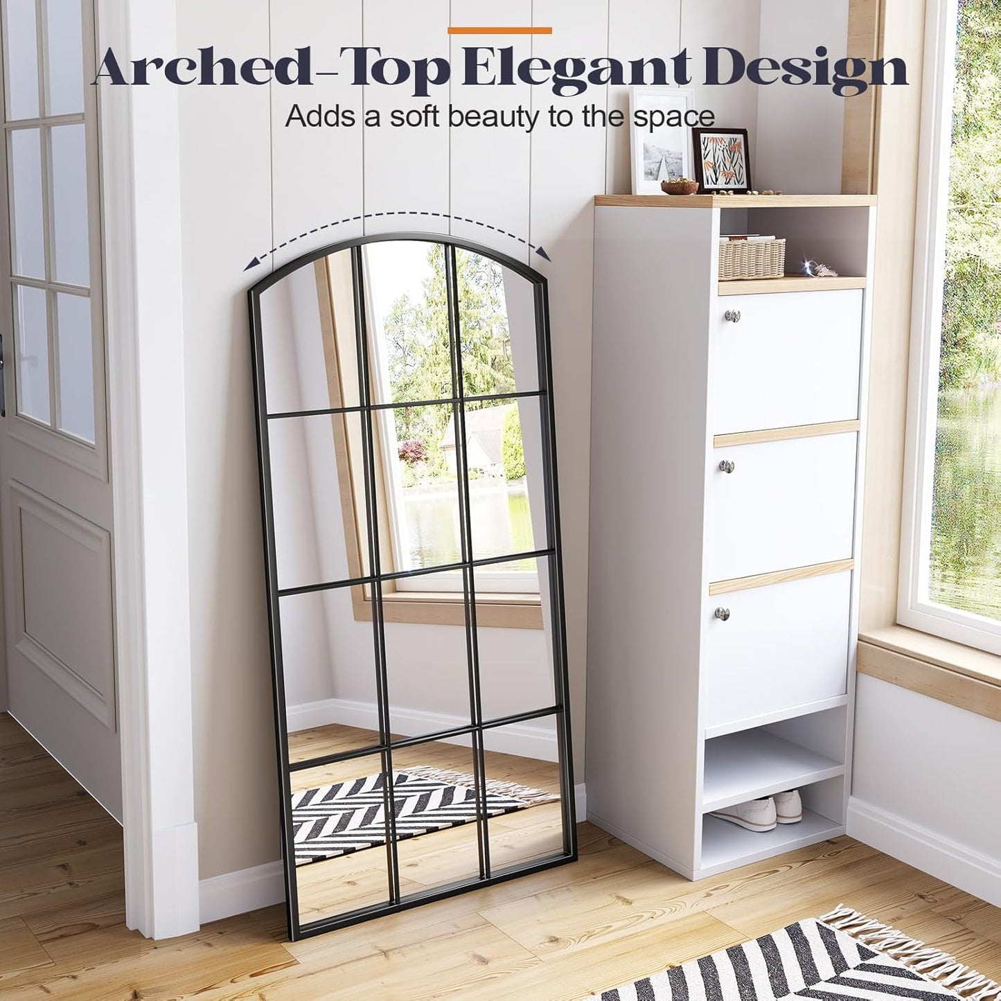 Arched Window Mirror, 24" x 48" Black Window Mirrors for Wall, Tall Farmhouse Grid Mirror for Living Room Bedroom Dining Room Fireplace Hallway Mantle Entryway