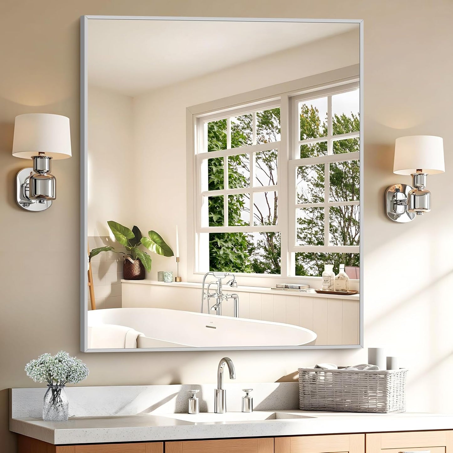 KOCUUY Silver Framed Mirror, 30"x36" Rectangle Bathroom Mirror for Wall, HD Tempered Glass, Anti-Rust Frame, Modern Design for Bathroom, Bedroom, Living Room, Entryway