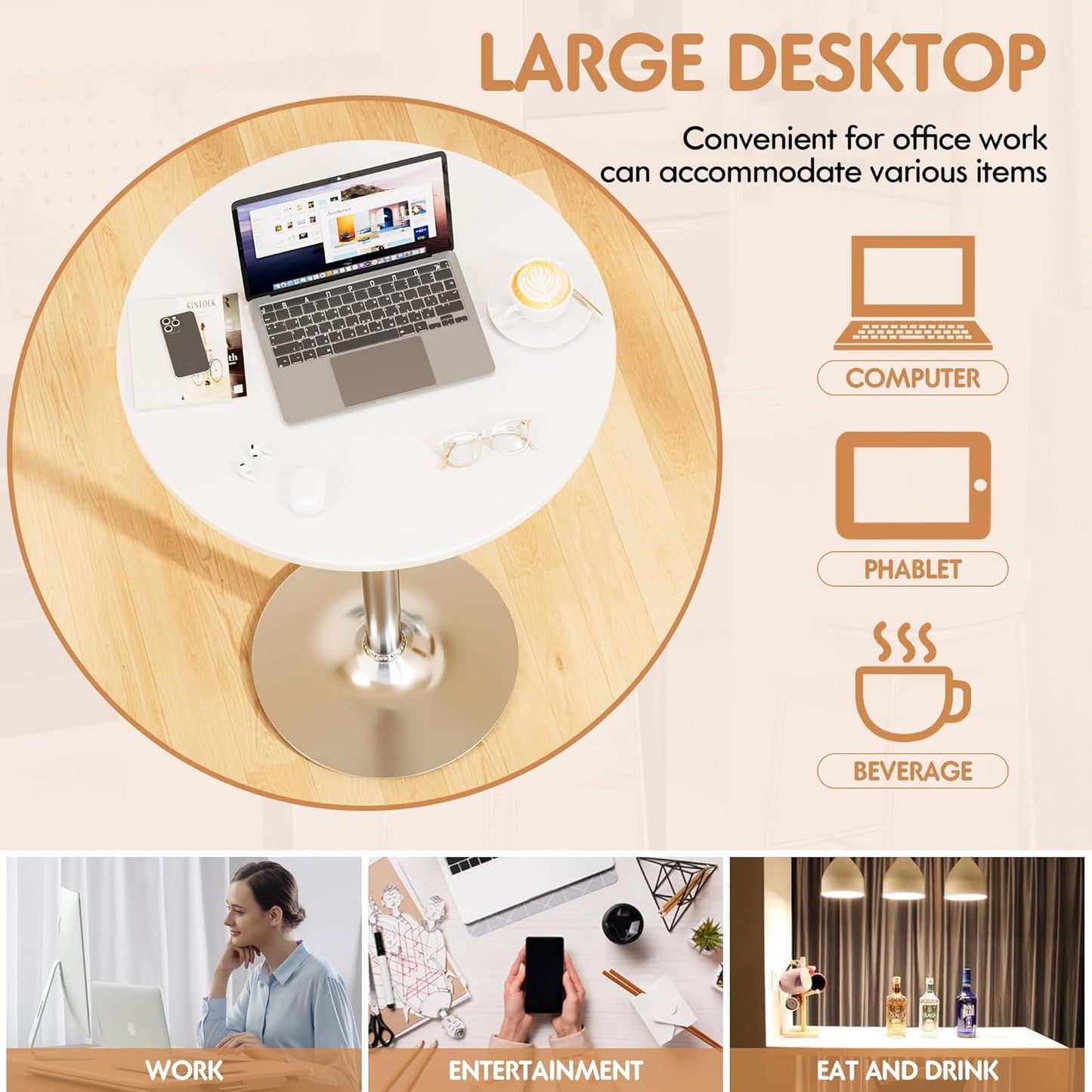 Shahoo Round Bar Table, Cocktail Tables with Metal Base & MDF Top, for Bistro Pub, Cafe, Silver and White