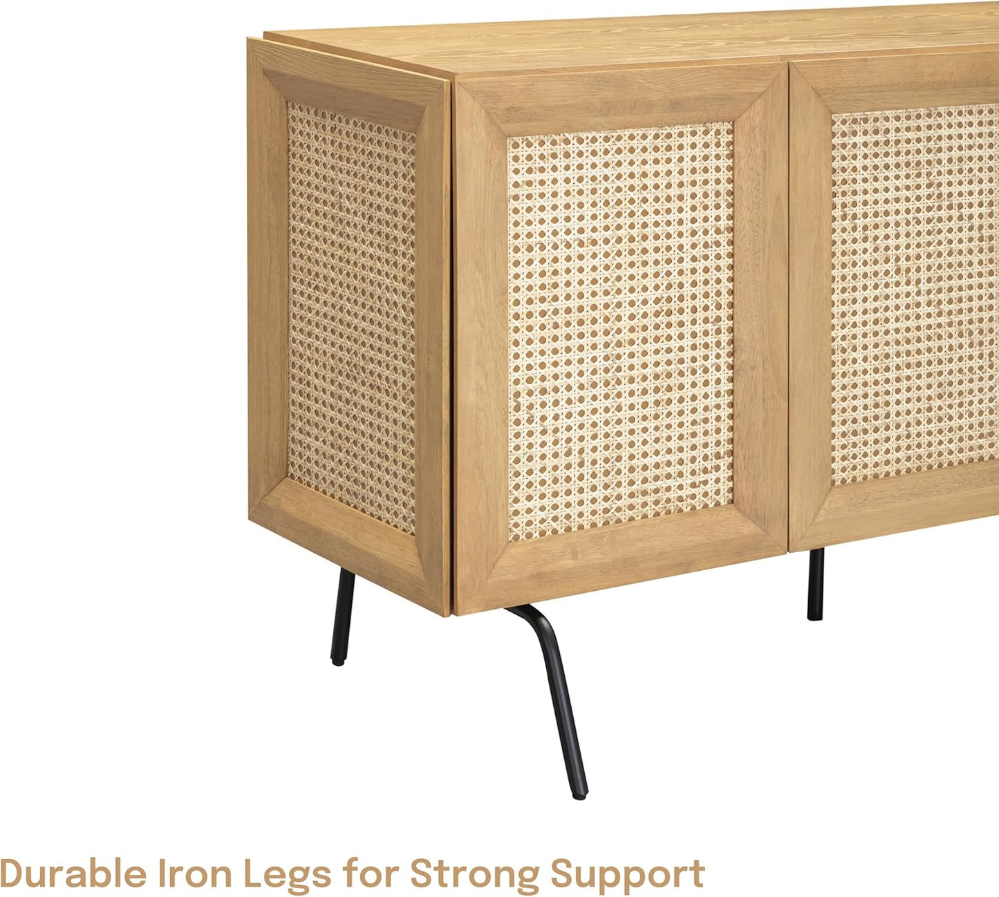 NTC MOSSIC Modern Sideboard with 3 Doors, Natural Rattan Storage Cabinet, Buffet with Metal Legs, Boho Accent Cabinet for Living Room, and Entryway, Effortless Assembly, Sand