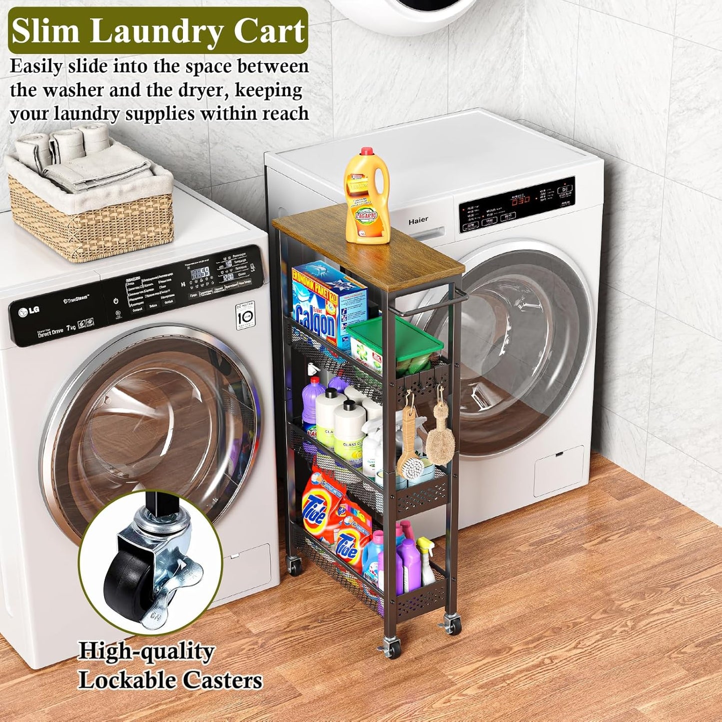 Utility Slim Storage Cart, 4 Tier Small Rolling Kitchen Laundry Room Cart with Wood Top, Metal Narrow Bathroom Storage Cabinet Mobile Shelf Unit Organizer Trolley with Handle for Narrow Space