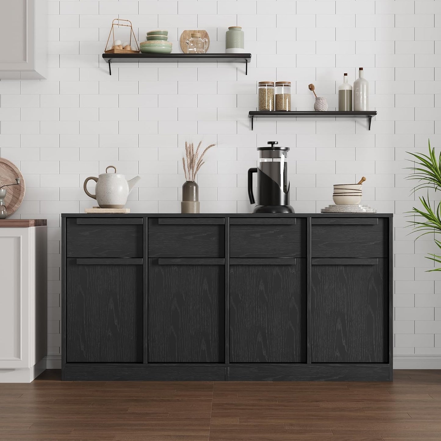 GarveeHome Sideboard Buffet Cabinet with 4 Drawers, 62.4" Large Coffee Cabinet with Storage, Modern Storage Buffet Table for Kitchen Dining Room, Living Room (Black, 4 Doors & 4 Drawers)