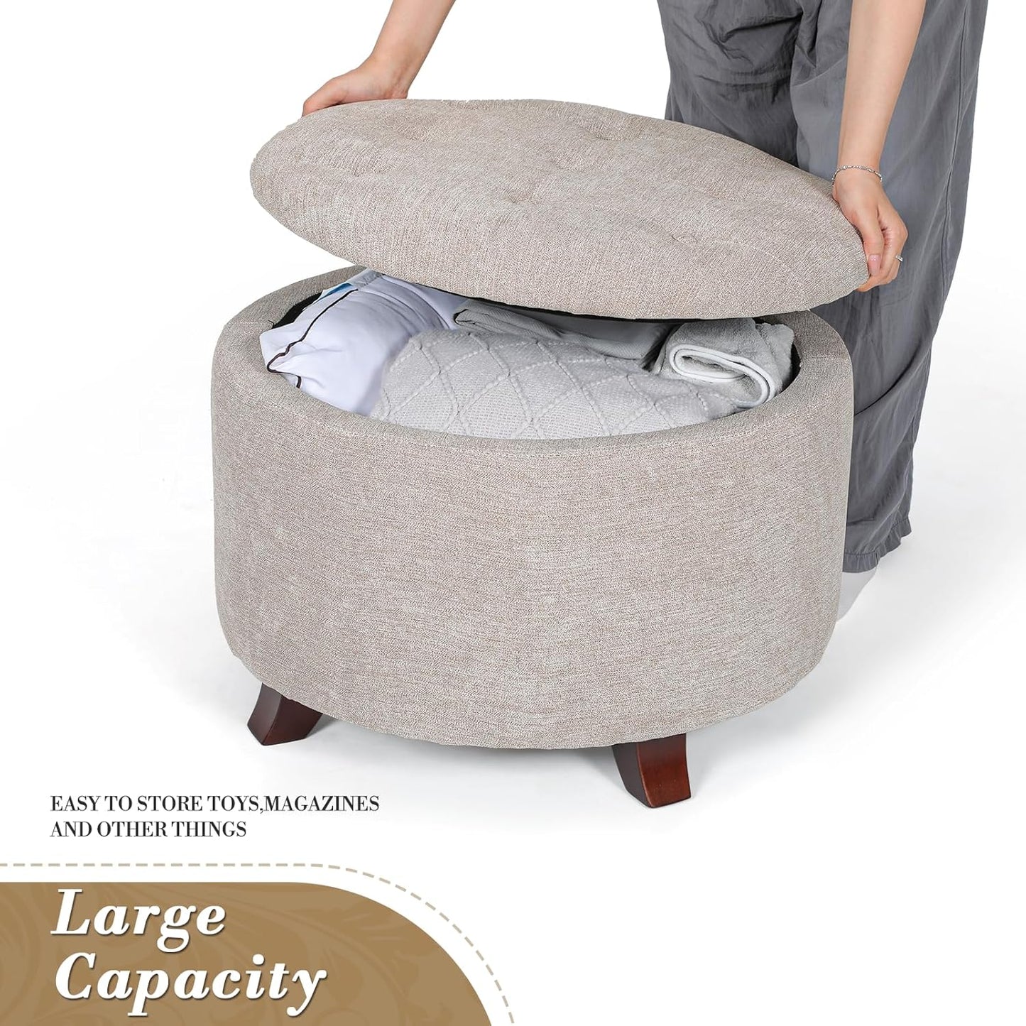 Athena Collection 24.5 Inch Small Ottoman with Storage, Round Linen Fabric Storage Ottoman Foot Rest with Removable Lid, Multipurpose Footstool Footrest for Livingroom, Bedroom, Dorm, Beige