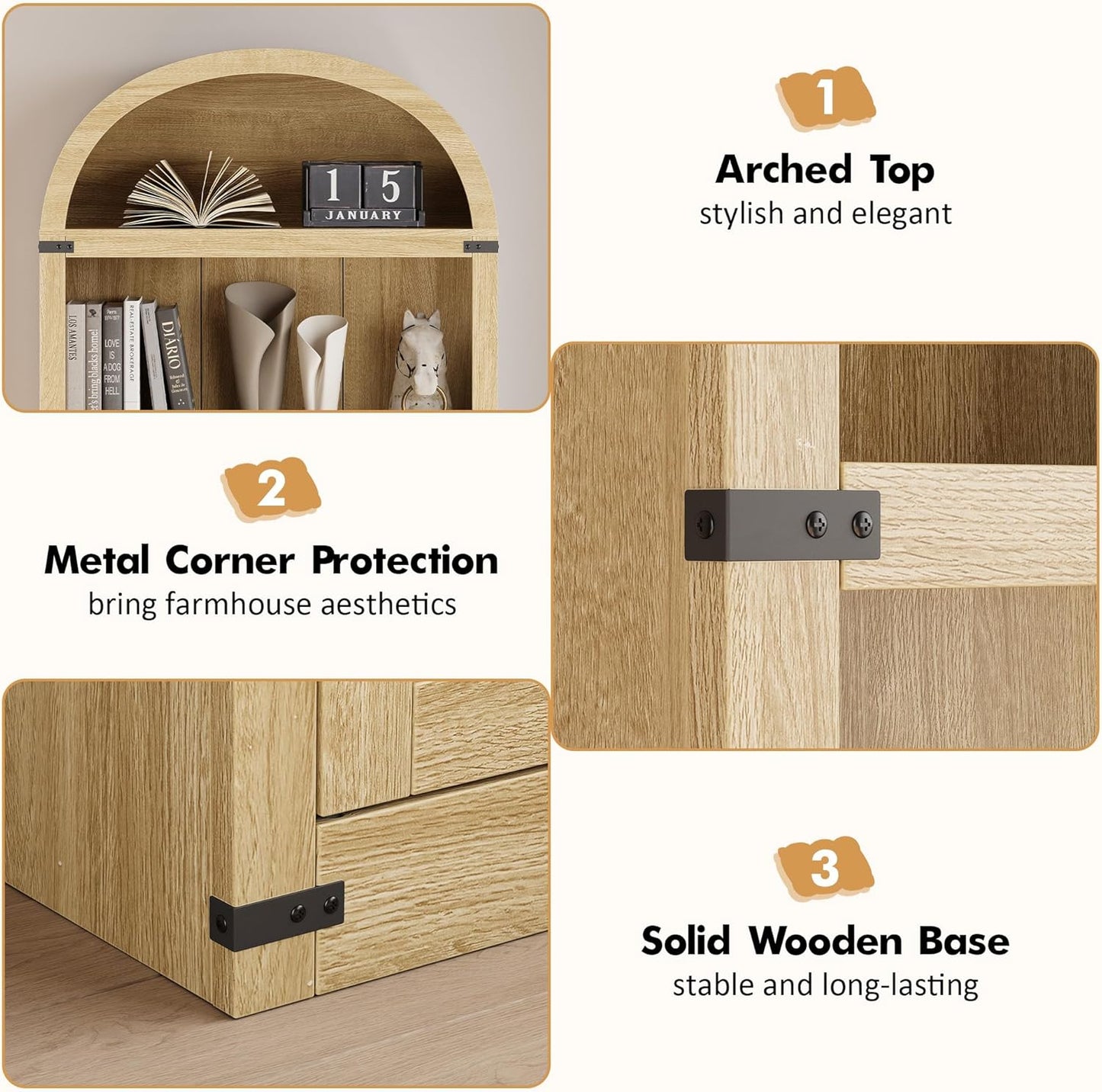 GarveeHome Bookcase with Doors Arched Bookshelf 71.65in Tall Bookcase Farmhouse Cabinet with Shelves Wooden Bookshelves for Home Office, Living Room (Light Oak)