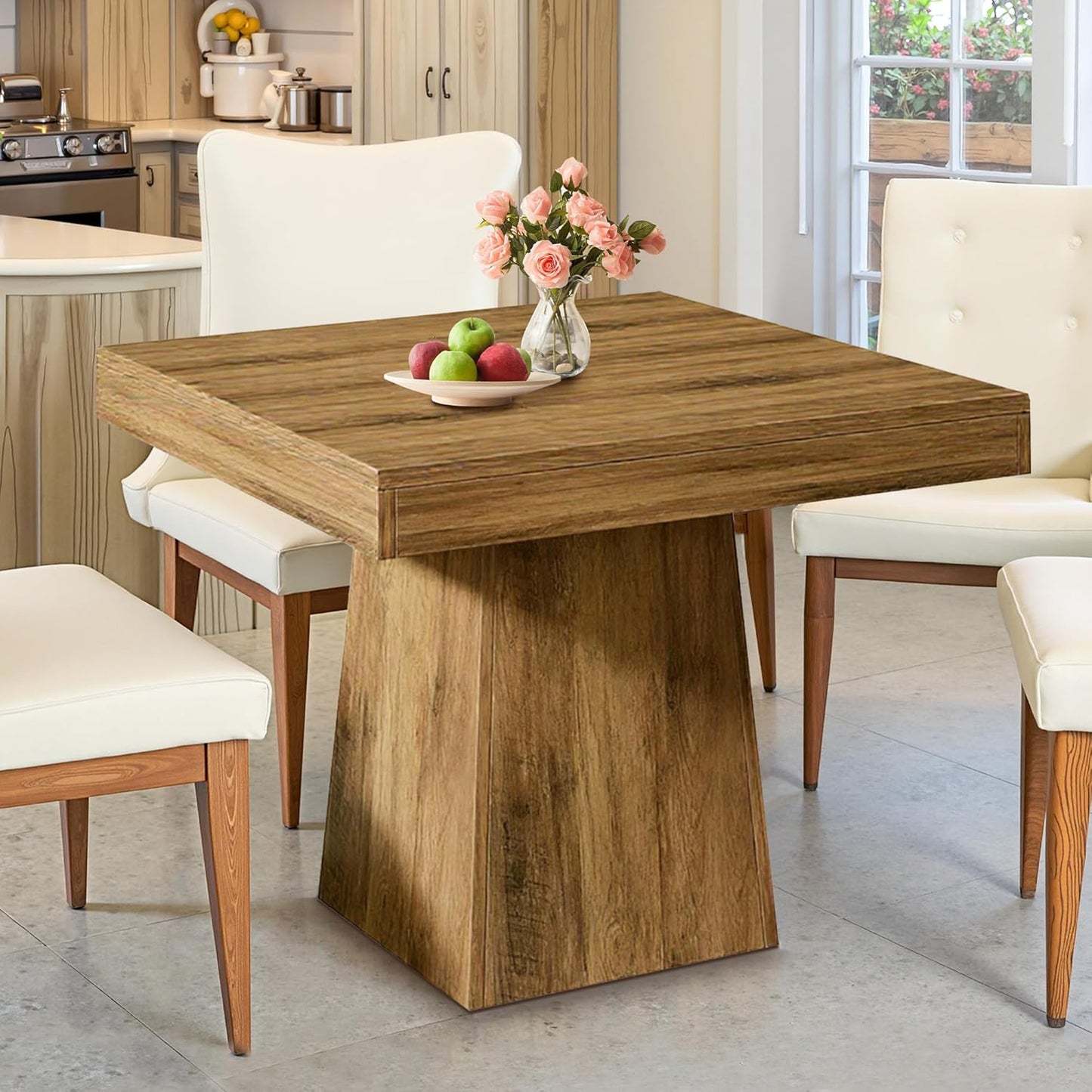 NicBex Square Dining Table for 4, 31.5" Farmhouse Dinner Table Small Dining Room Tables Wooden Kitchen Tables with Heavy Duty Pedestal for Kitchen, Living Room, Brown