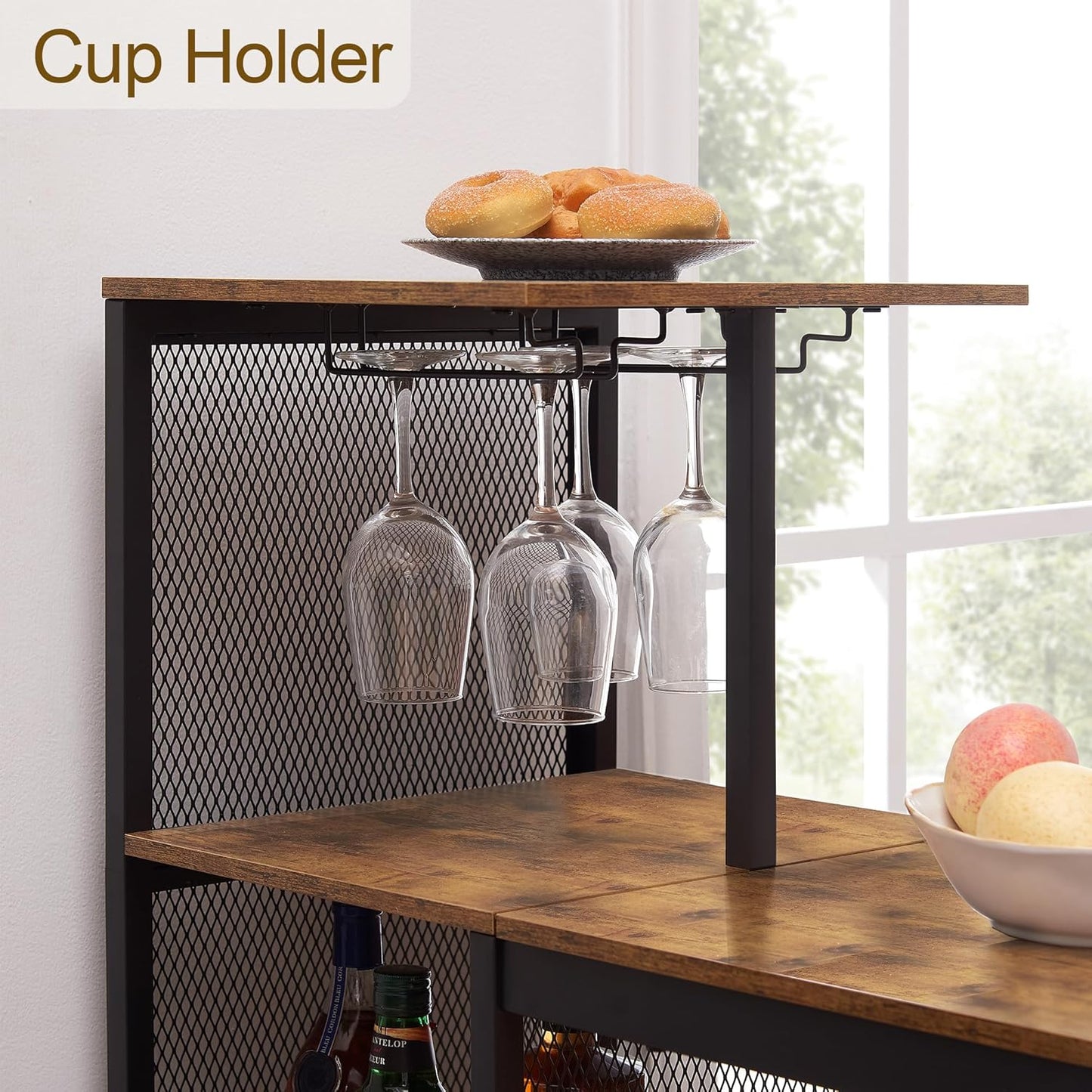 VECELO Bar Table and Chairs Set for 2, 3-Piece Dining Set with Storage Shelves, Cup Holder & Wine Rack, PU Leather Cushion Stools, for Kitchen Small Space, Brown