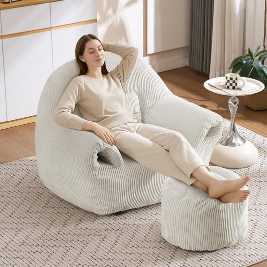DAICO Bean Bag Chairs for Adults Beanbag Sofa with Ottoman Comfy Accent Chair with Armrests Corduroy Couch with Foam Single Lazy Sofas for Living Room Reading Bedroom Gaming Office Beige