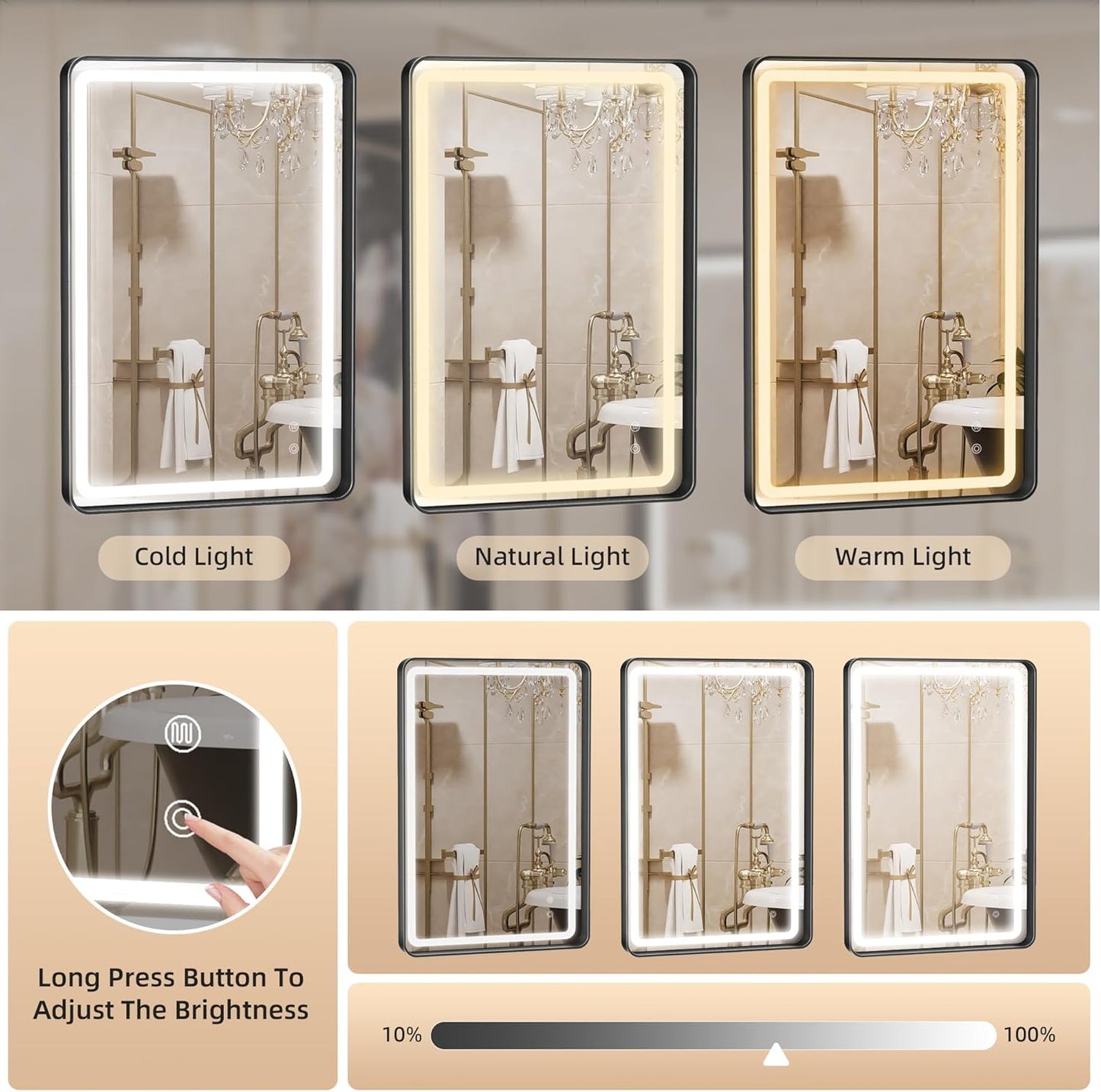 Hasipu LED Bathroom Mirror with Lights 40 x 26 Inch, Black Metal Frame Light Mirror for Vanity Anti-Fog, Dimmable, 3 Colors (Horizontal/Vertical)