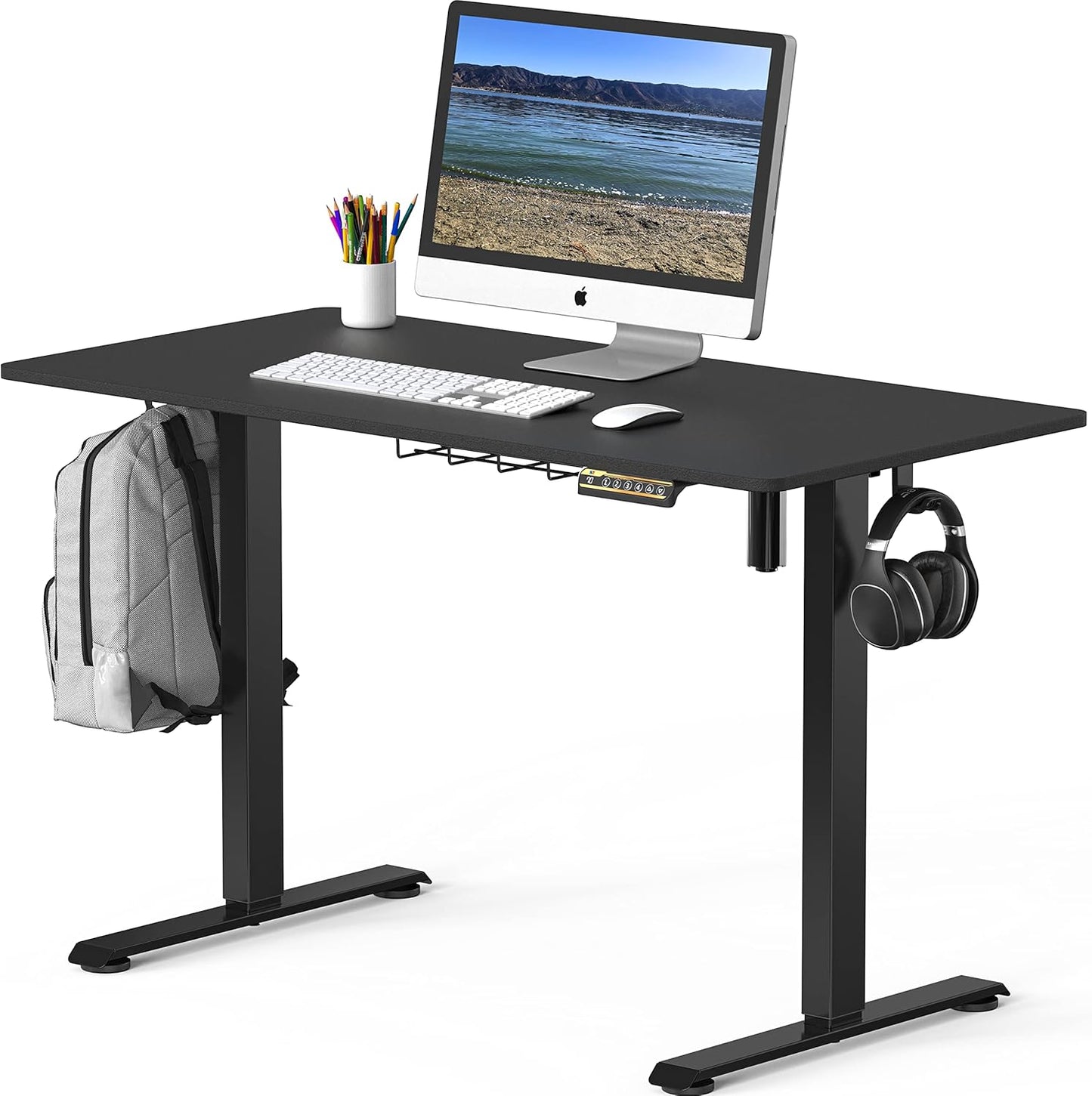SHW 48-Inch Electric Height Adjustable Sit to Stand Desk with Hanging Hooks and Cable Management, Black Frame and Black Top