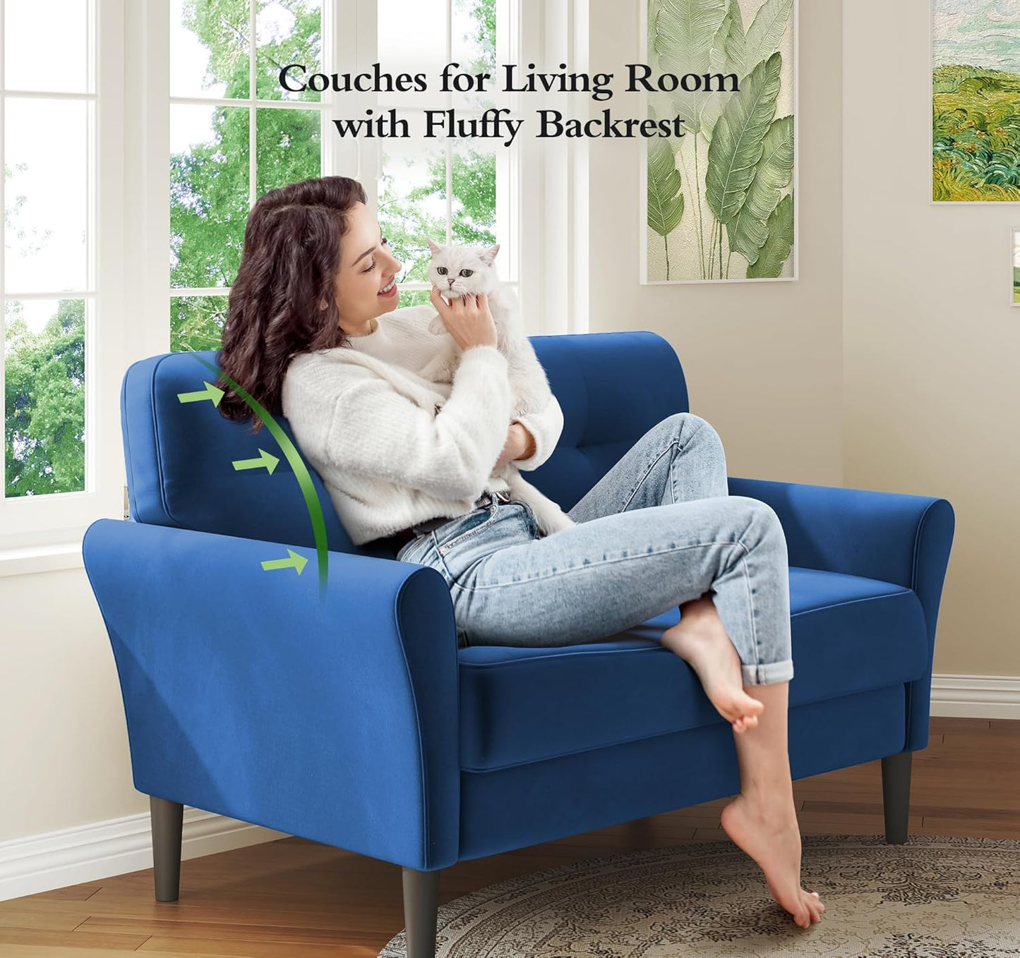 Small Sofa Couch, 48" Loveseat Sofa, Soft Velvet Love Seat Couches, Small Couch for Bedroom with 21" Deep Seat, Comfy Couches for Living Room, Tool-Free Setup Sofas for Living Room, Dark Blue