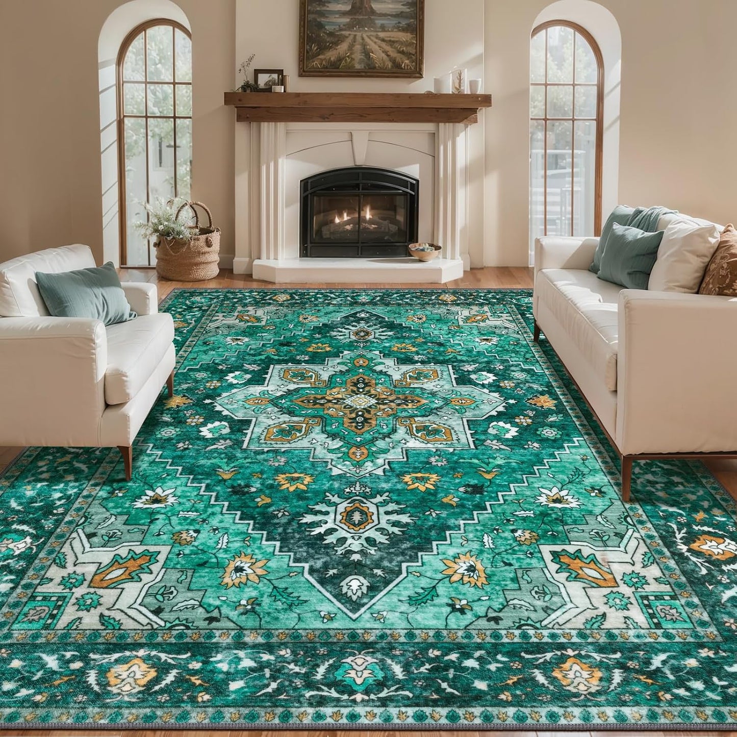 Tangsoo 8x10 Area Rug for Living Room, Washable Vintage Rug Indoor Non Slip Large, Print Distressed Emerald Carpet, Soft Low Pile Foldable Floor Rugs for Bedroom Dining Room Dorm