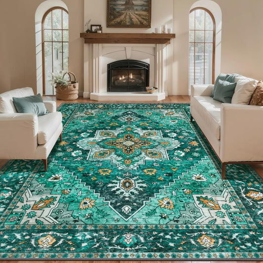 Tangsoo 8x10 Area Rug for Living Room, Washable Vintage Rug Indoor Non Slip Large, Print Distressed Emerald Carpet, Soft Low Pile Foldable Floor Rugs for Bedroom Dining Room Dorm