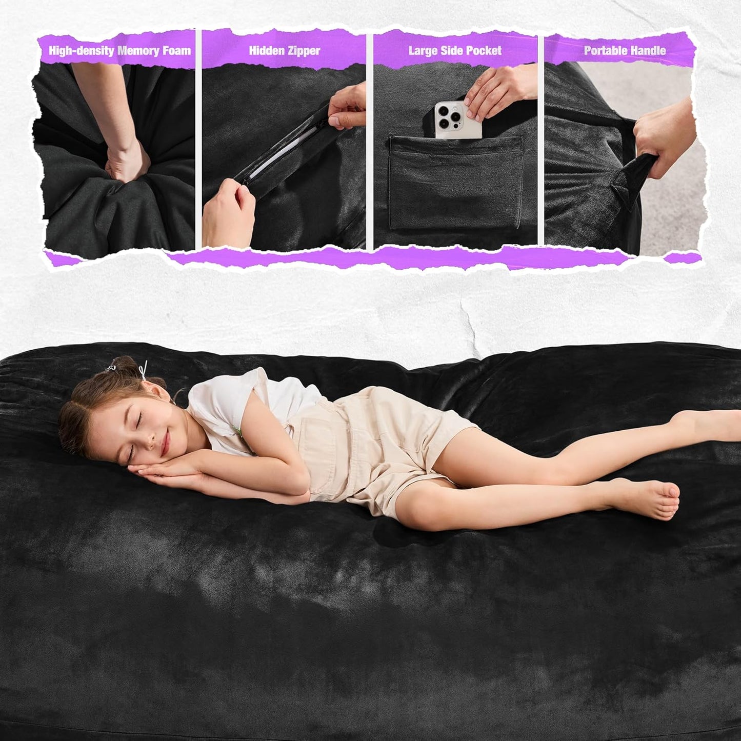 Hobestluk 3FT Bean Bag Chair Large Beanbag with Removable Cover Adult Bean Bag Chair with Portable Handle Desgin for Living Room Bedroom (Black, 3FT)