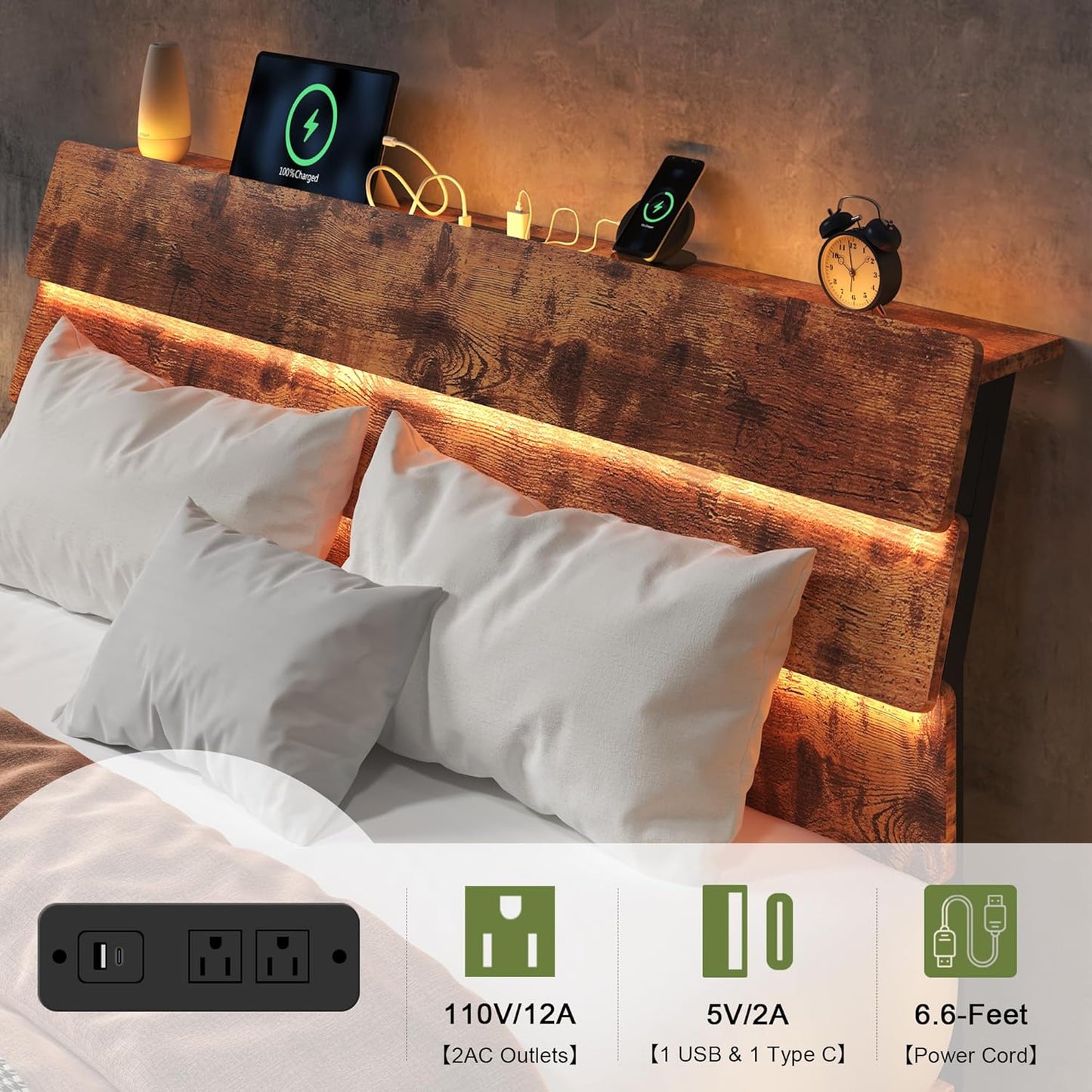 Feonase Floating Bed Frame King with Led Lights and Charging Station, Wood Full Size Bed Frame with Storage Headboard, Heavy Duty Metal Slats, No Box Spring Needed, Easy Assembly,Vintage Brown