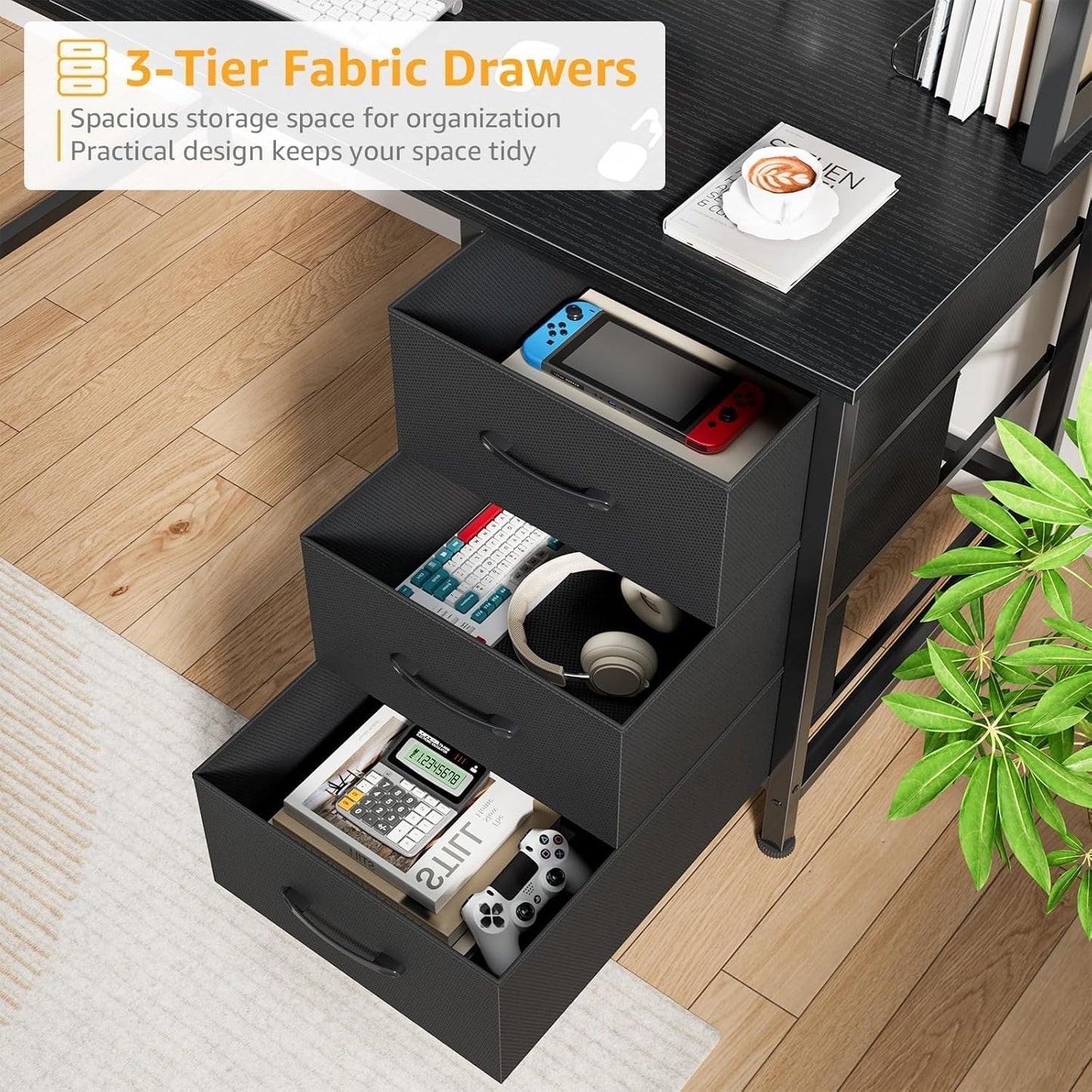 Black Computer Desk with Hutch & Drawers - Office Desk with 3 Storage Drawers and Power Outlets, 47 Inch Modern Study Writing Desk for Bedroom Home Office