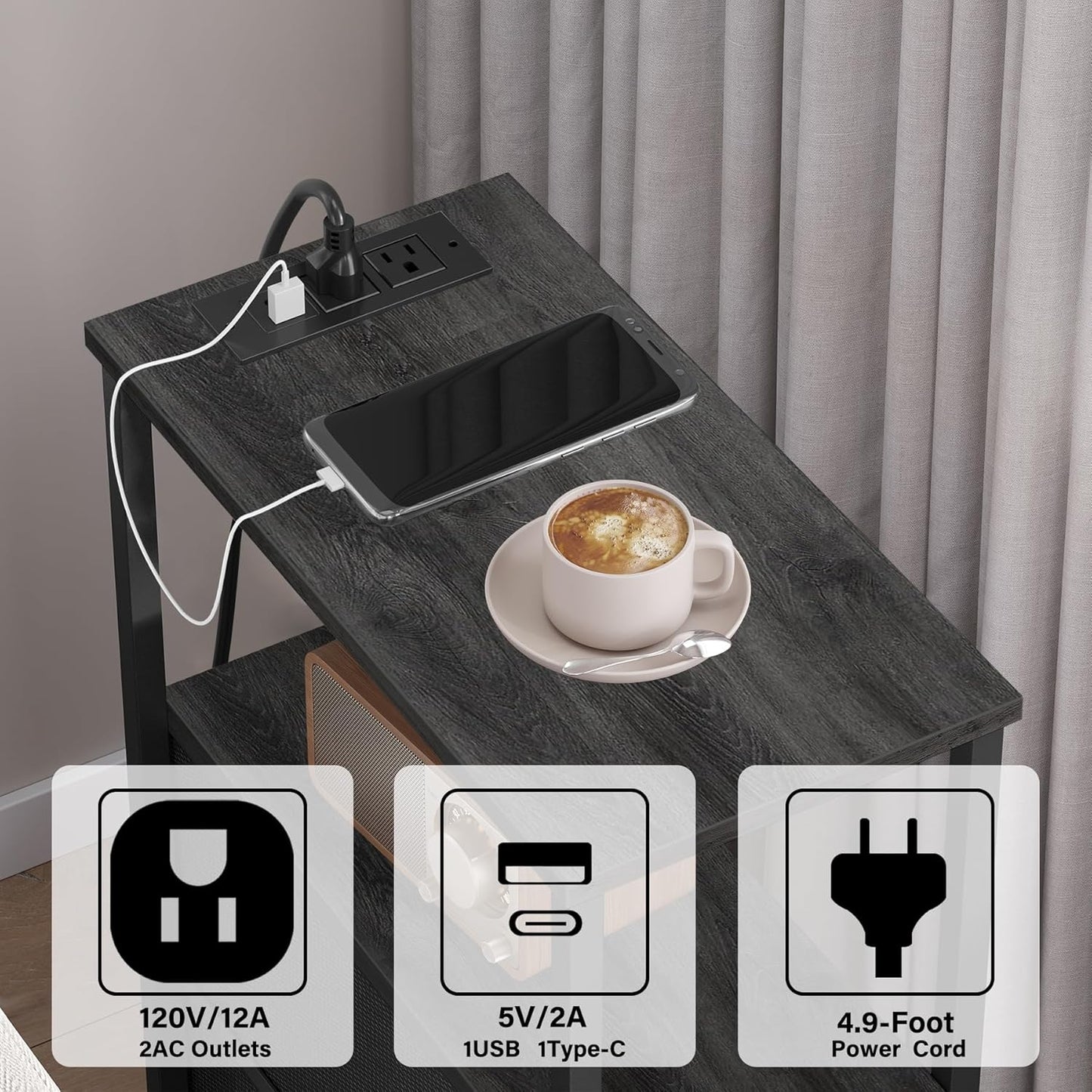 TUTOTAK Small Narrow LED End Table with Charging Station, Side Table Outlets, Nightstand with 2 Cloth Drawers, Set of 2, Couch Table, for Living Room, Bedroom, Bedside, Charcoal Grey TB01BY056