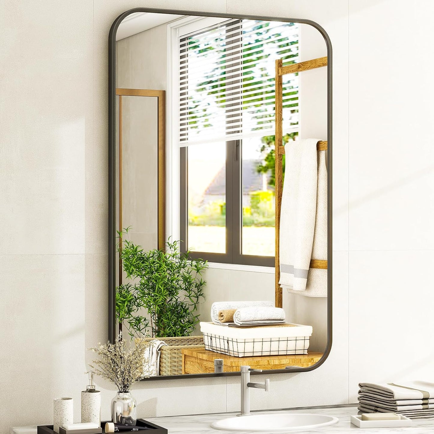 24 x 36 Inch Bathroom Mirror, Rounded Rectangular Vanity Mirror for Wall, Modern Mirror for Room Decor, Black Framed Wall-Mounted Mirrors for Home Decor, Hangs Horizontally or Vertically