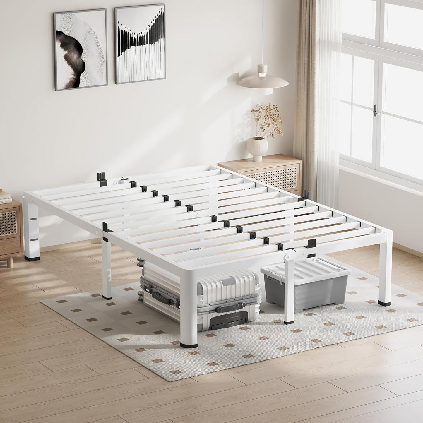 18 Inch King Size White Bed Frame, 3500Lbs Heavy Duty Metal Platform with Round Corner Legs Mattress Slide Stopper, Steel Slat Support No Box Spring Needed, Noise Free, Non-Slip, Easy Assembly