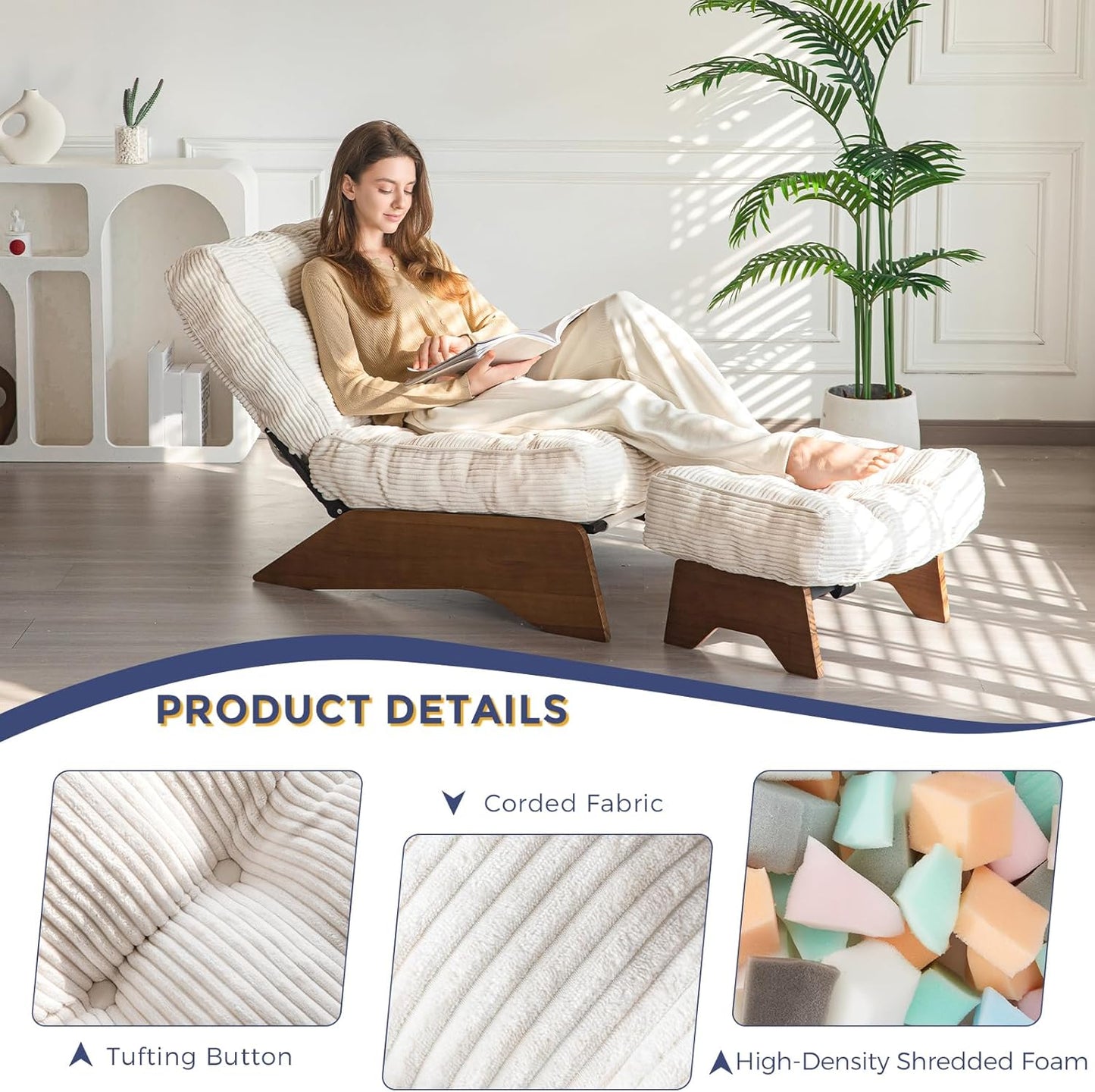 MAXYOYO Accent Chair with Ottoman Adjustable Backrest, Tufted Living Room Chair Upholstered Lounge Chair with Footrest Set, Modern Chair Cozy Reclining Chair for Reading Room, Beige