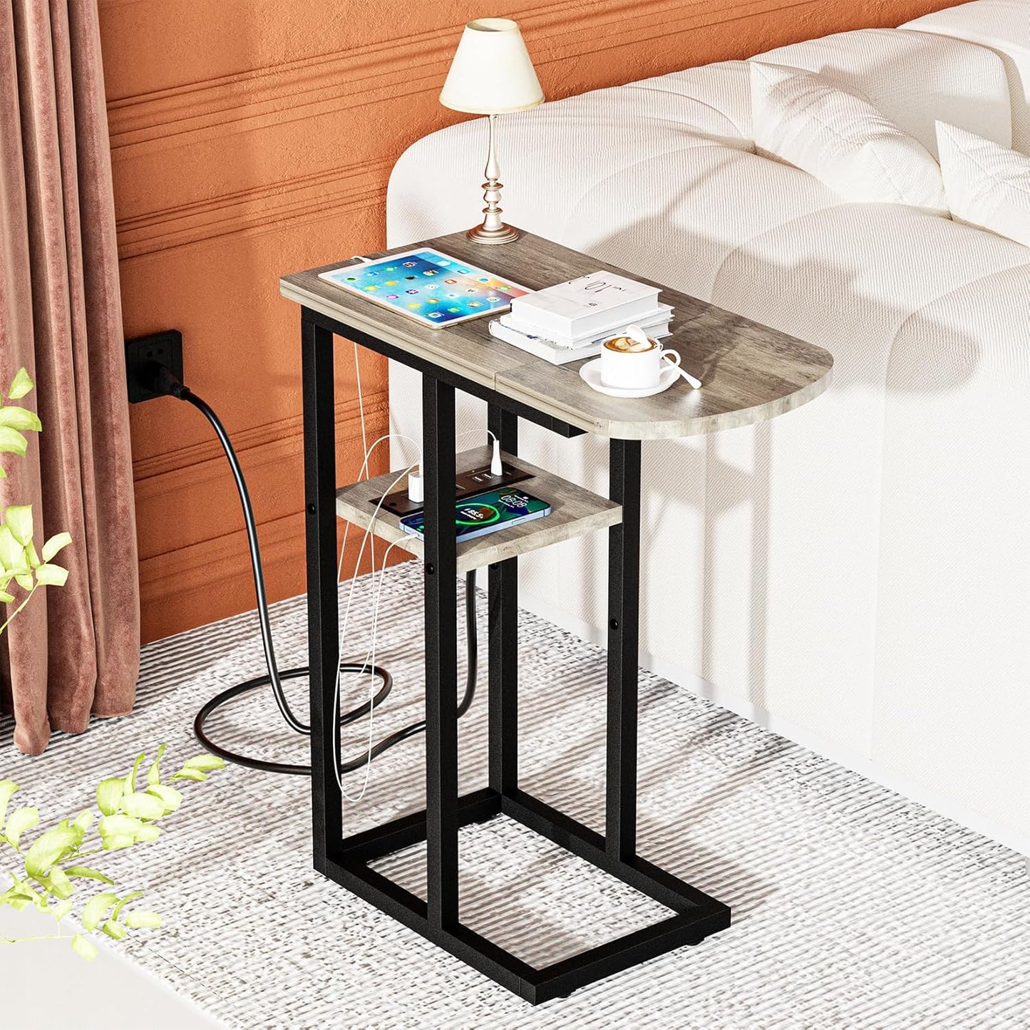 C Table End Table with Charging Station, Couch C Shaped Side Table for Living Room, Bedroom, Laptop Table with USB Ports and Type-C Port, Snack Tray Table for Couch