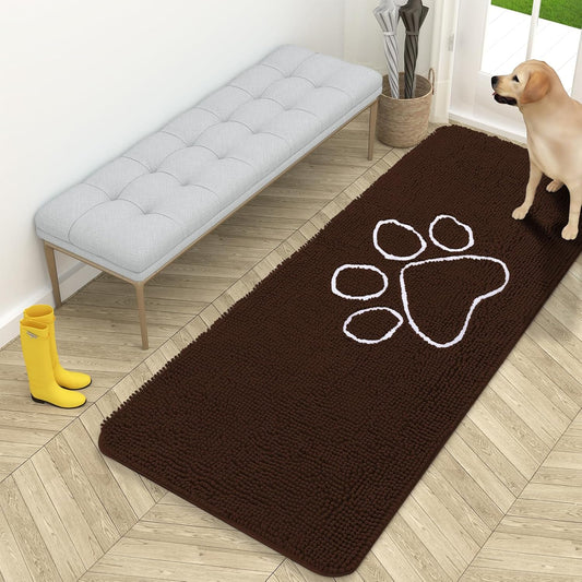 OLANLY Door Mat for Muddy Dog Paws 59x24, Ultra Absorbent Chenille Mud Doormat with Paw Print Design, Non-Slip Washable Doormat for Indoor Entryway, Quick-Dry Pet Bed Mats for Dirty Dogs, Brown