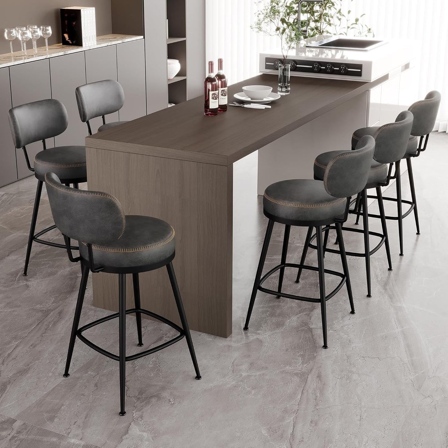 Counter Height Bar Stools, 26" H Swivel Barstools Set of 6, Faux Leather Kitchen Counter Stools with Back and Stylish Stitching, Metal Frame, Pub, Home Bar, Black Grey