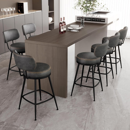 Counter Height Bar Stools, 26" H Swivel Barstools Set of 6, Faux Leather Kitchen Counter Stools with Back and Stylish Stitching, Metal Frame, Pub, Home Bar, Black Grey