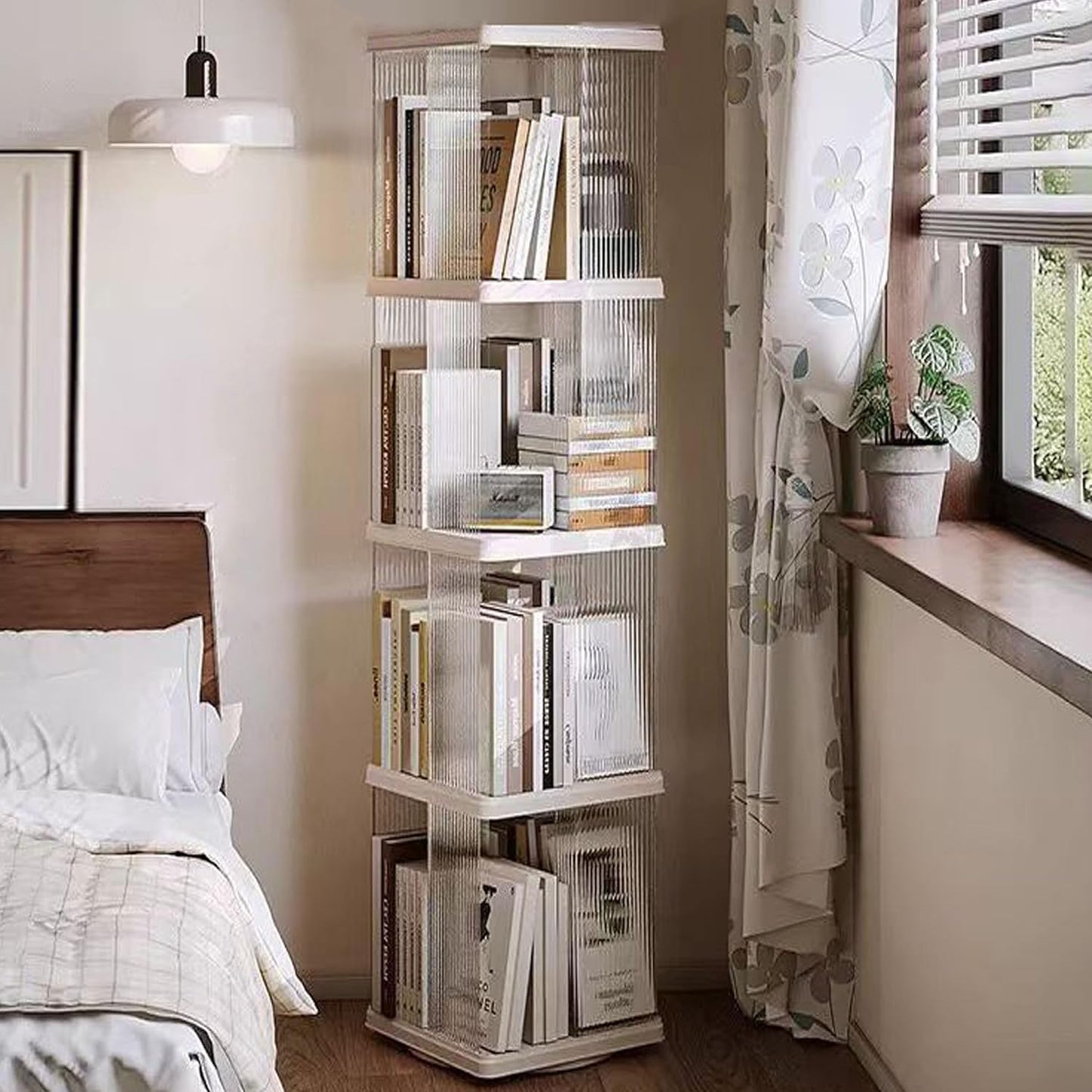 4 Tier Rotating Bookshelf Tower,360 Display Rotating Bookshelf,53.4 inch High Small Space Revolving Bookcase, Home Office Spinning Bookshelf Tower(Rectangular, White)