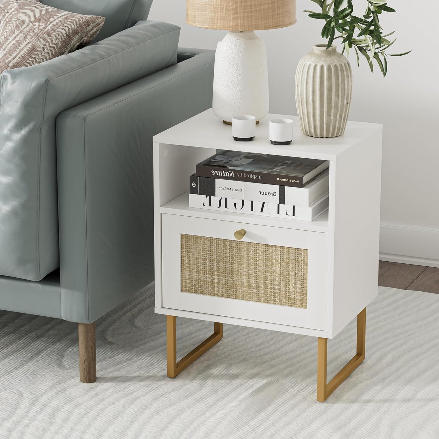 Masupu Rattan Nightstand,Modern Boho Farmhouse Wood Bedside Table with Storage Drawer and Open Shelf,Small Gold Frame Side End Table for Bedroom,Living Room,Office(White)