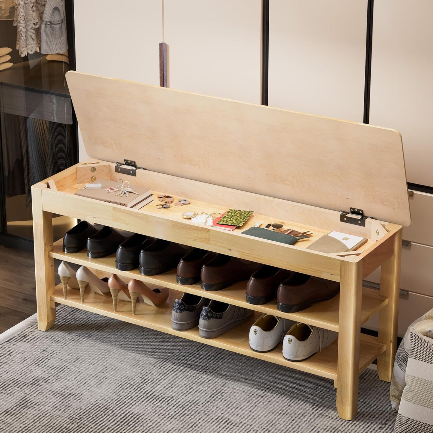 Shoe Storage Bench for Entryway - 3 Tier Shoe Rack for Front Door Entrance, Rubberwood Shoes Rack Height Adjustable, Entryway Bench with Shoes Storage for Any Room (Natural, 39.4" W)