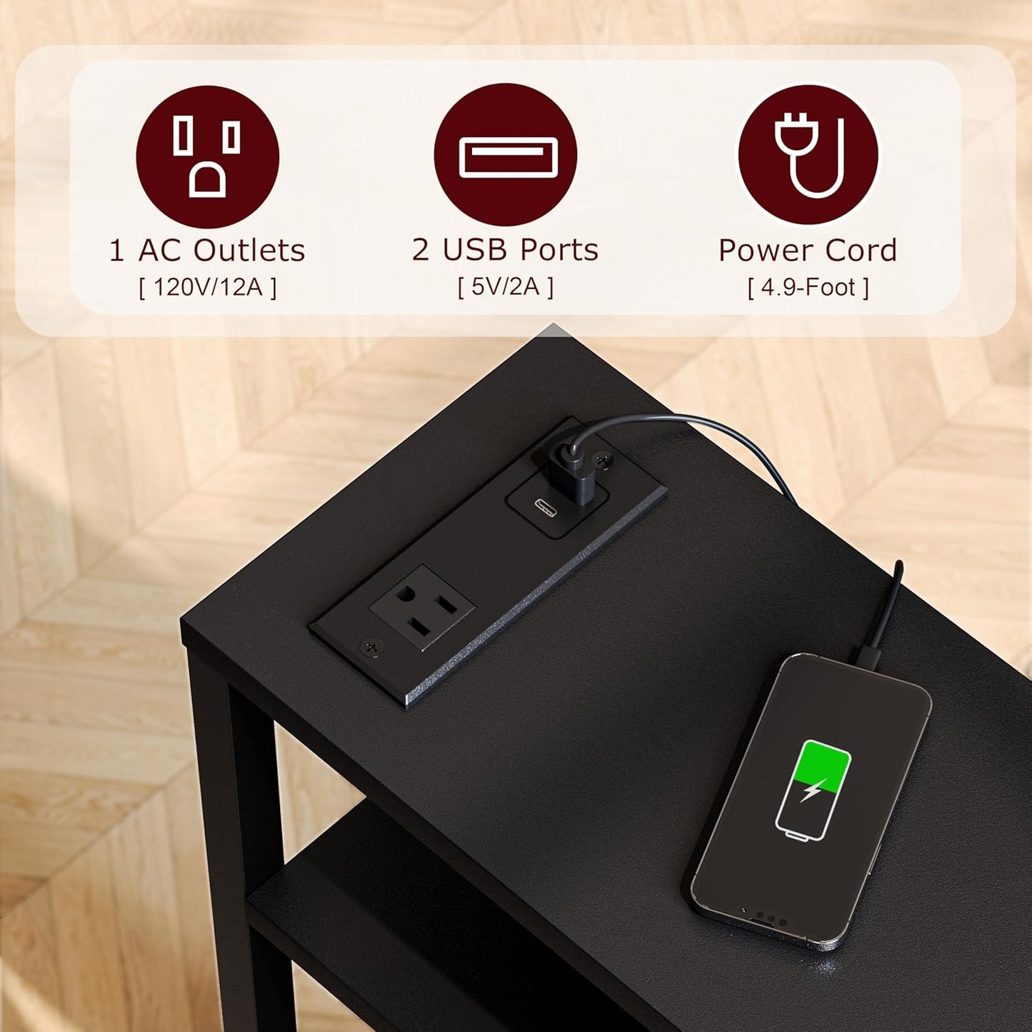 Narrow Side Table with Charging Station, Slim End Table with Magazine Rack, Bedside Table for Small Spaces, 3 Tier Sofa Couch Table Nightstand for Living Room, Bedroom, Black LET503BE