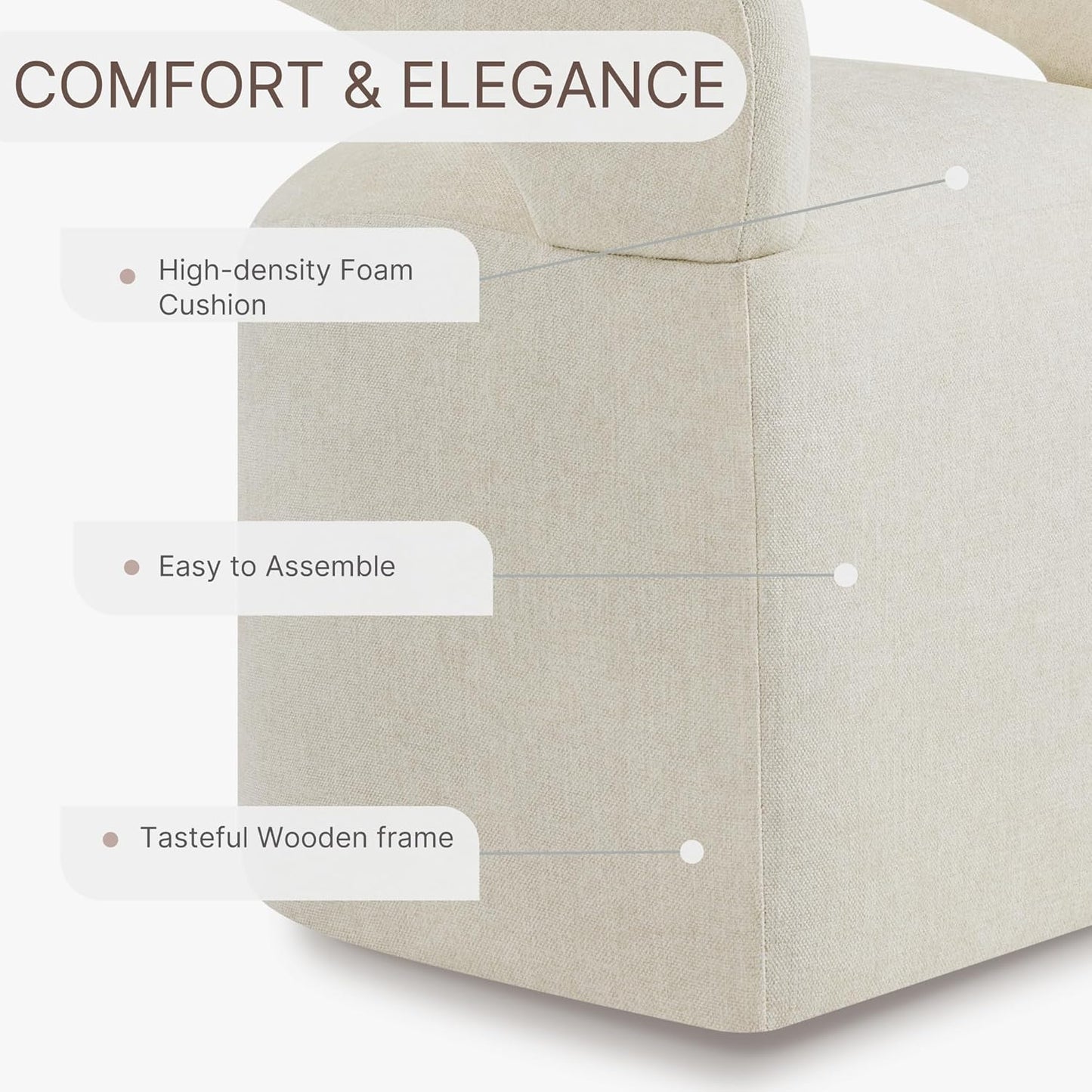 Upholstered Dining Chairs with Removable Casters Barrel Side Armchair with Rollers for Diningroom Bedroom Livingroom Reading Room, Cream Beige, 4PCS