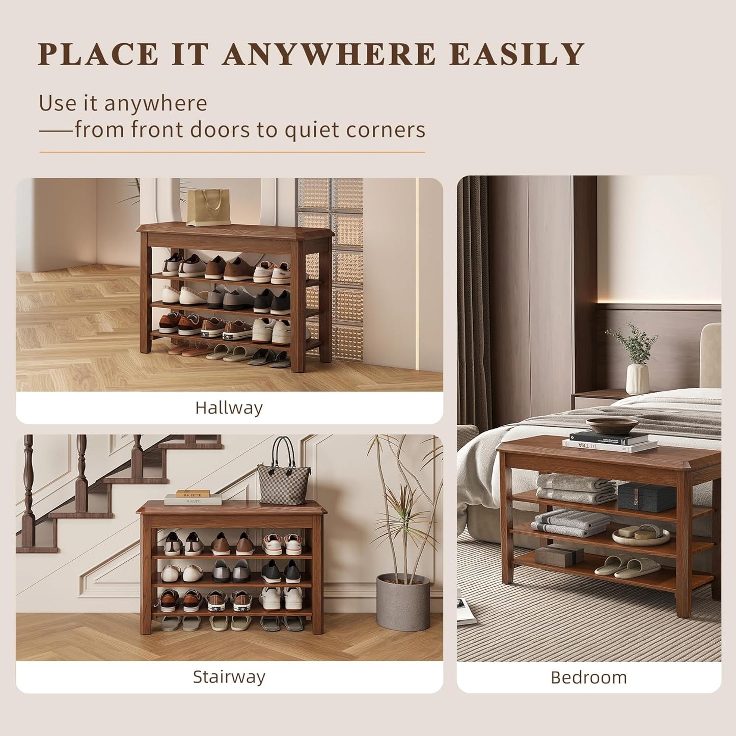 Shoe Rack for Front Door Entrance, Solid Wood Shoe Bench for Closet, Holds Up to 550lbs, Shoe Rack Bench for Entryway, Mudroom, Hallway