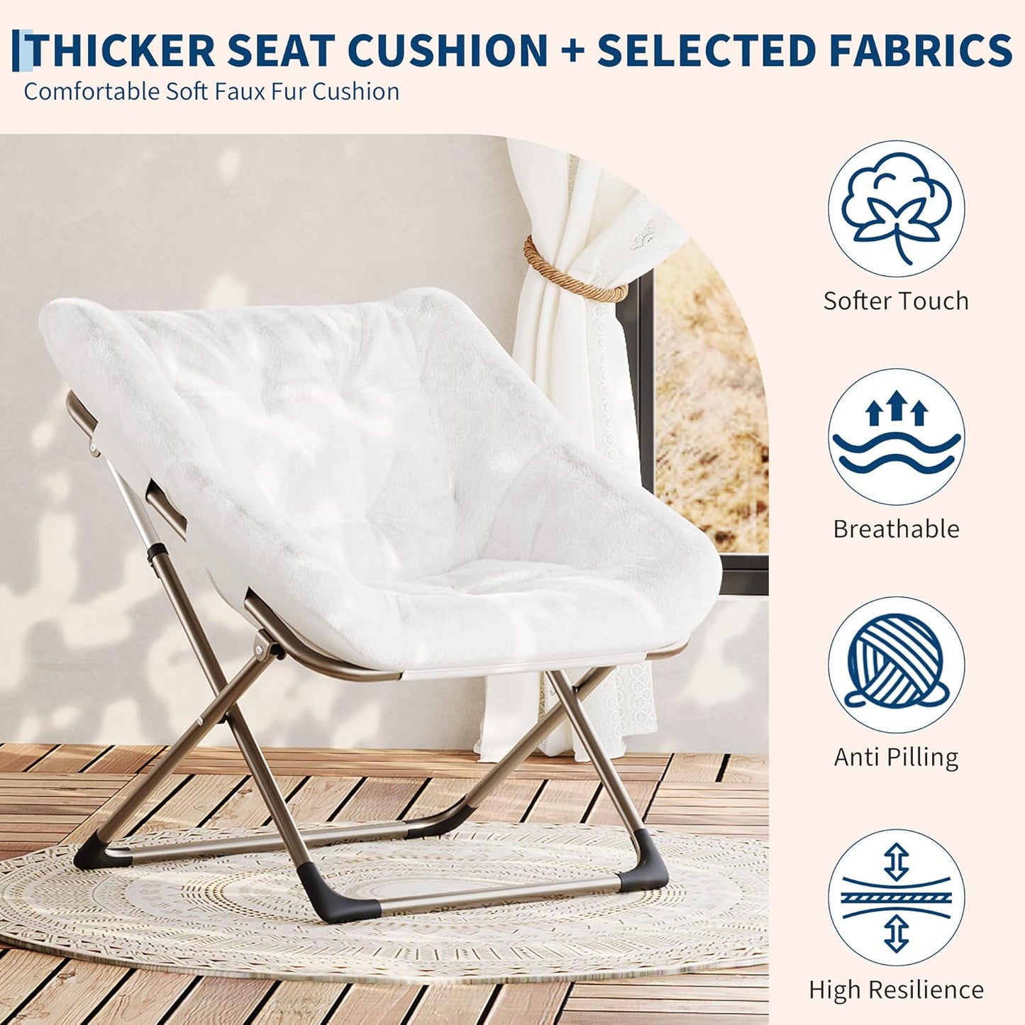 Comfy Chair for Adults, Foldable Living Room Chairs, Soft Faux Fur Folding Lounge for Bedroom Living Room Dorm Rooms, Flexible Reading Chair for Teens (2, White, X-Large)