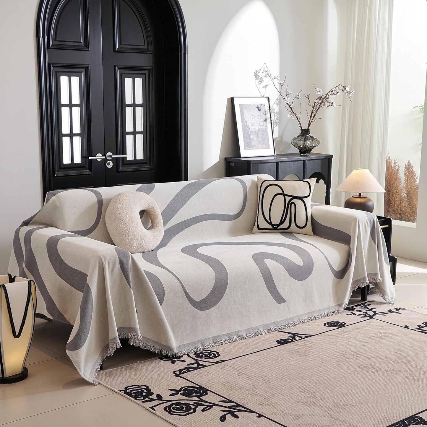 MYSKY HOME Couch Cover for 3 Cushion Couch Sofa Cover, Super Soft Boho Couch Covers for Dogs Washable, Jacquard Sofa Slipcover Furniture Protector for Living Room, 91" x 134", Grey Curve