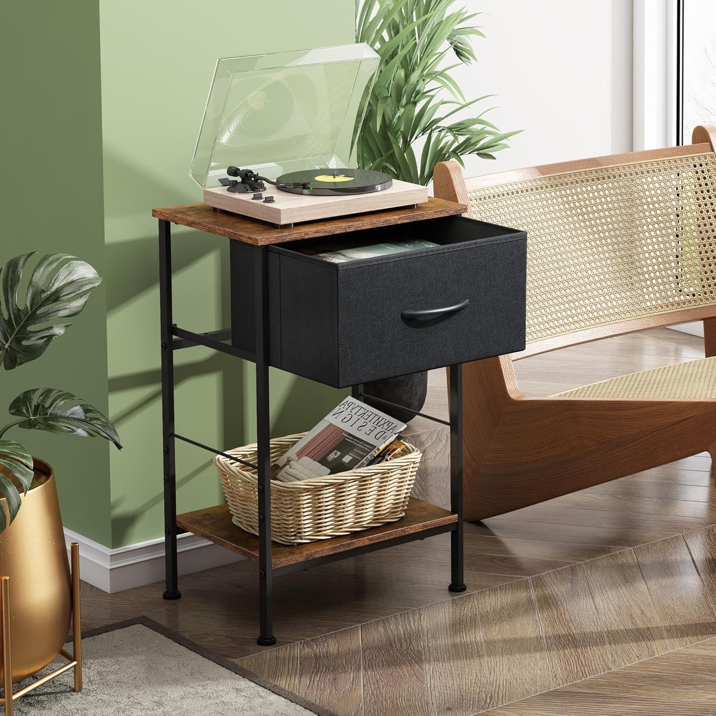 WLIVE Nightstand Set of 2, End Table with Fabric Storage Drawer and Open Wood Shelf, Bedside Furniture with Steel Frame, Side Table for Bedroom, Dorm, Black and Rustic Brown, 25.03" Height