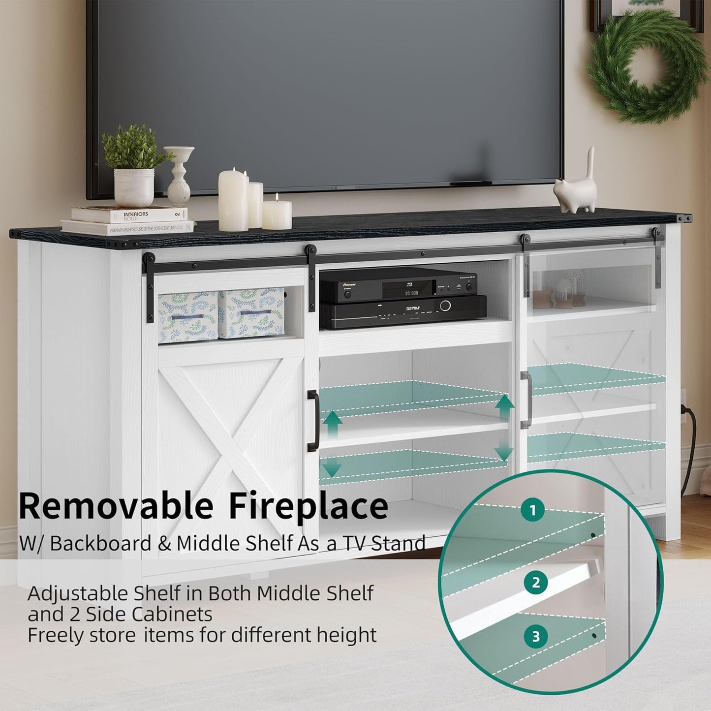 YITAHOME TV Stand for 75 Inch TV with Power Outlets, Farmhouse Entertainment Center with Sliding Barn Doors & Adjustable Shelves, TV Media Console Storage Cabinet for Living Room, Bedroom, White/Black