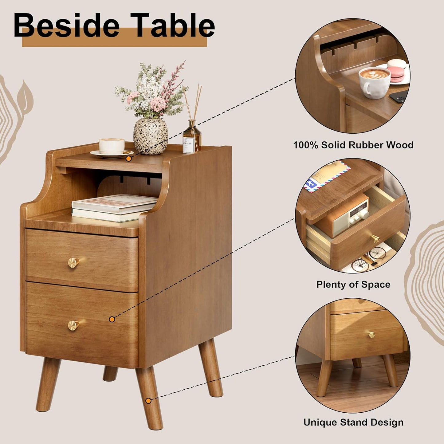 Narrow Nightstand, Solid Wood Night Stand with 2 Drawers, Walnut Mid Century Modern Nightstand, Small Beside Table with Open Storage Shelf for Bedroom（12 inch