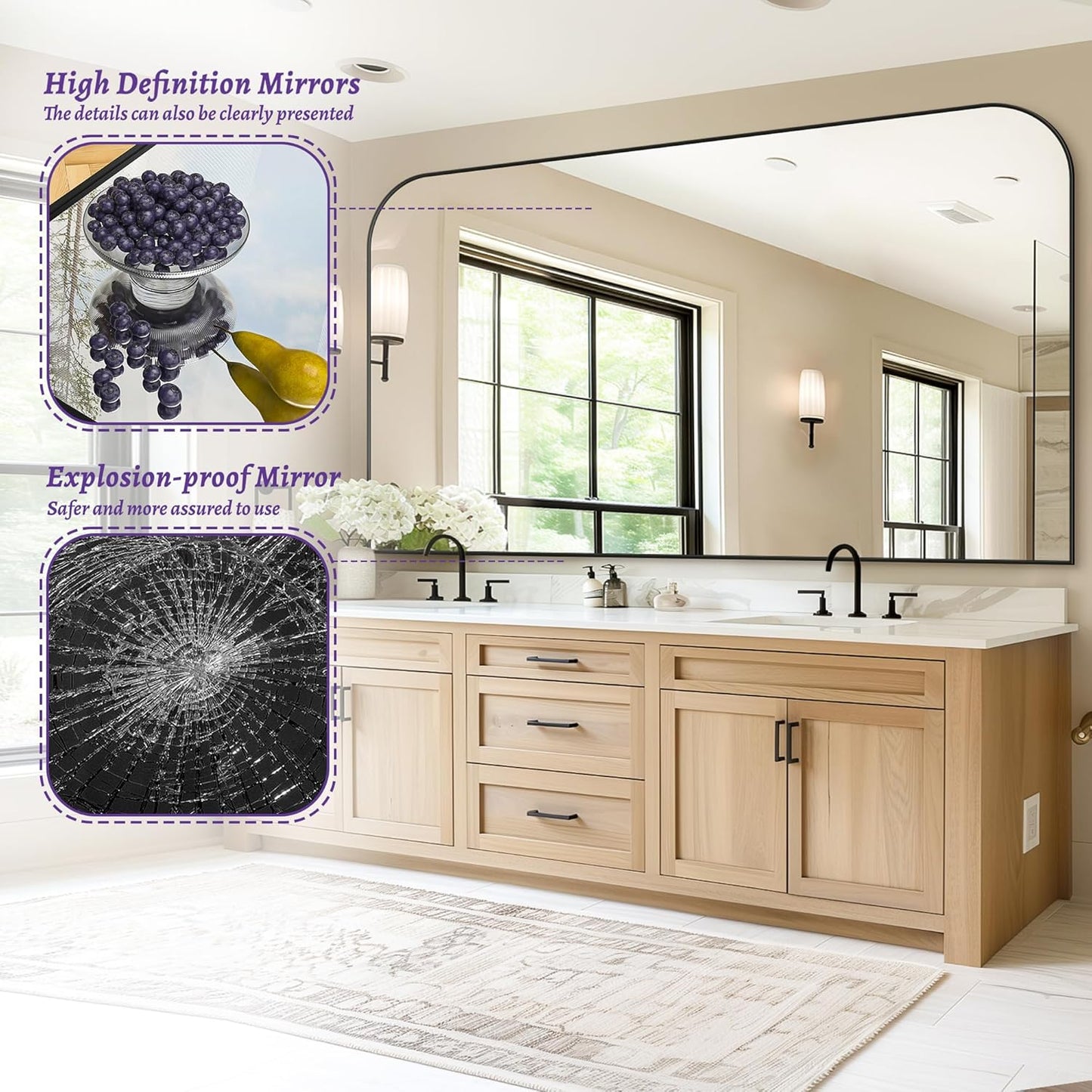 Bathroom Mirror, Wall Mirrors, Black Metal Framed Wall-Mounted Mirrors, Bathroom Vanity Mirror for Over Sink, Living Room, Bedroom, Entryway, 60x36 Inch, Black