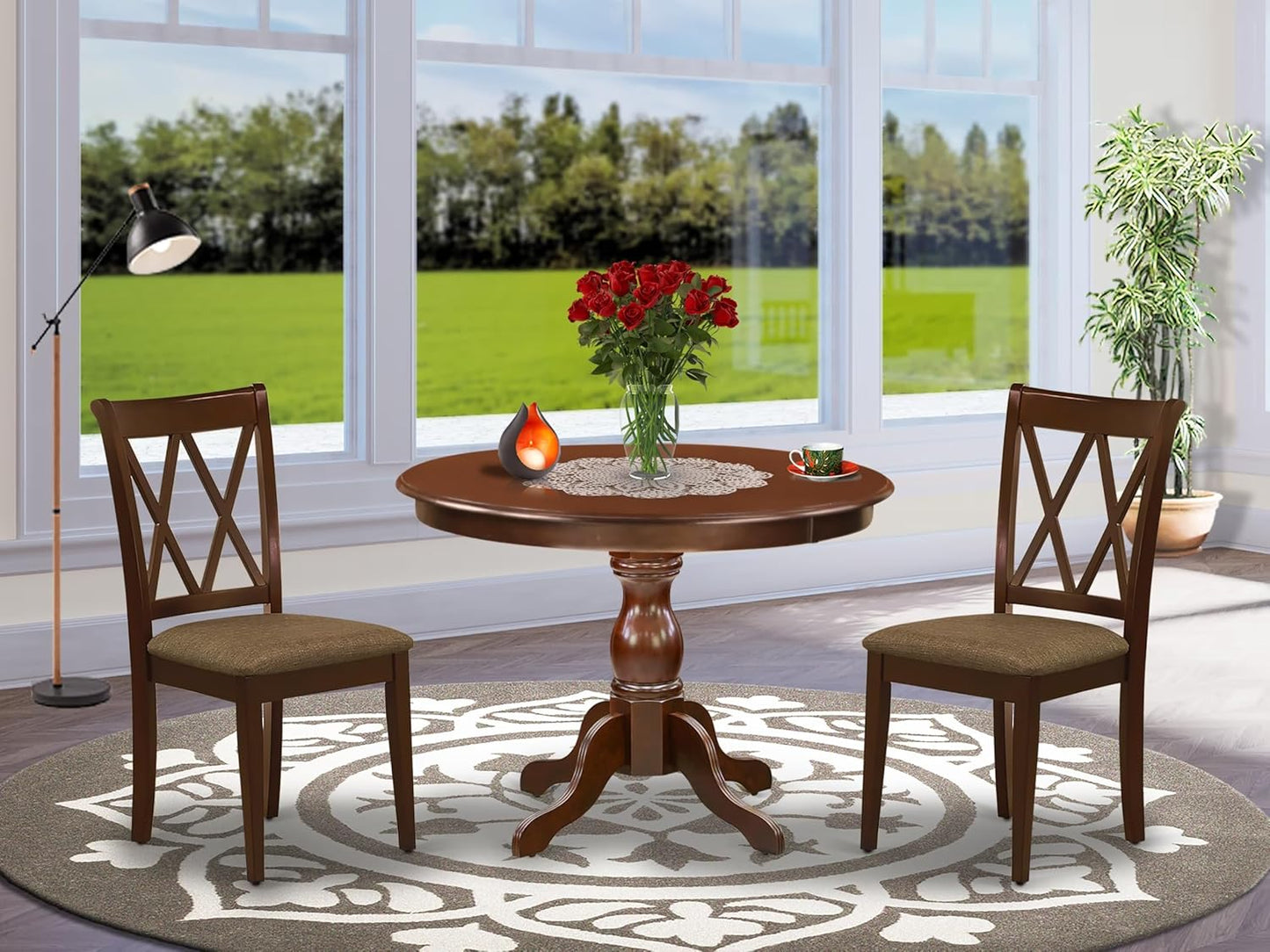 East West Furniture HBCL3-MAH-C 3 Piece Dinette Set for Small Spaces Contains a Round Dining Table with Pedestal and 2 Linen Fabric Dining Room Chairs, 42x42 Inch, Mahogany