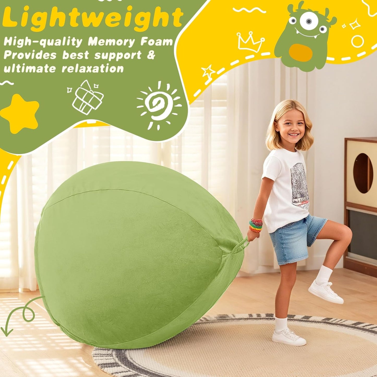 HABUTWAY 2FT Bean Bag Chair, 2' Beanbags Small Bean Bag Chairs with Filling, Teardrop Bean Bag Chair Luxurious Velvet Ultra Soft Fur with Removable Cover (Lime)