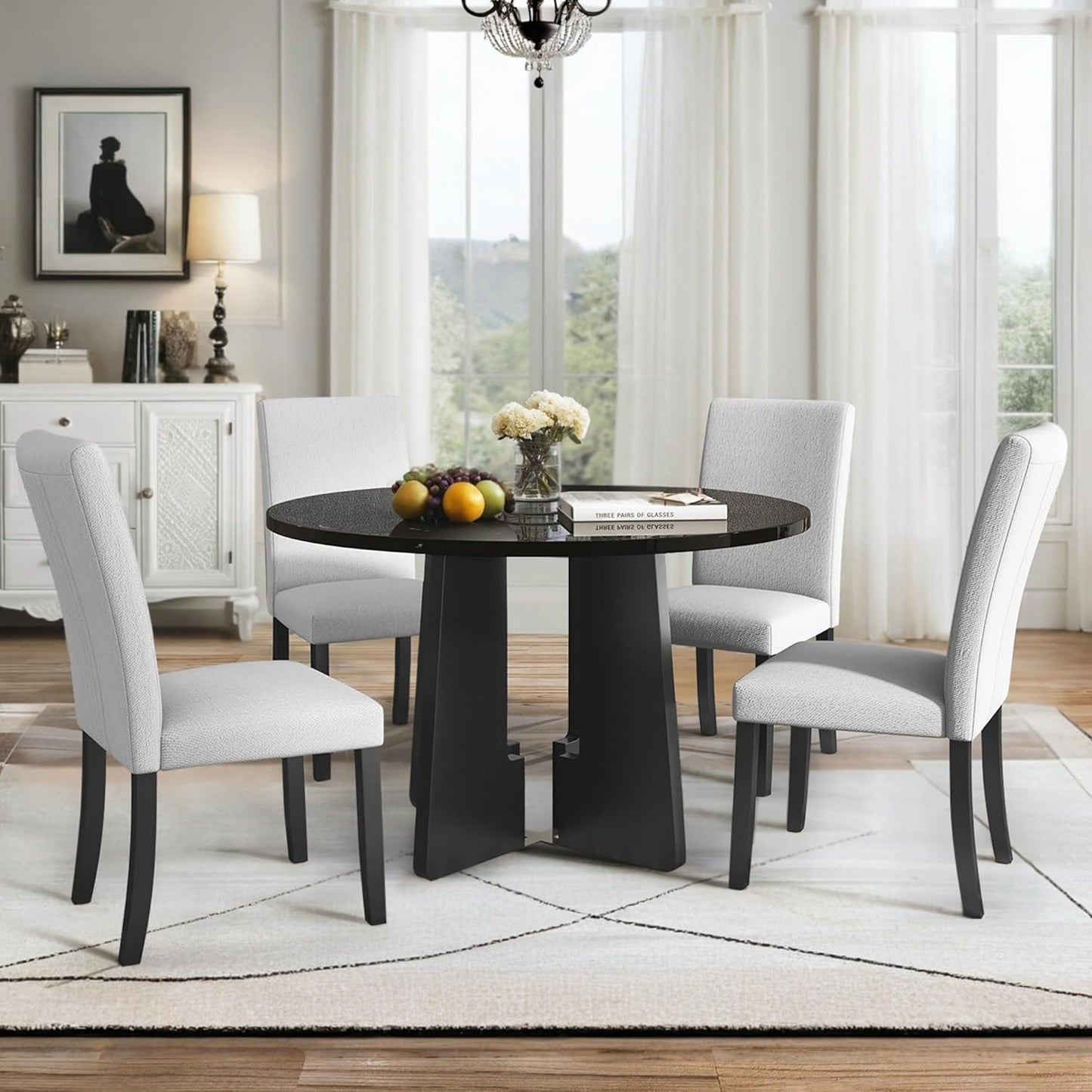 Ball & Cast Dining Table Set for 4 W/ 4 Upholstered Chairs,5 Piece Dining Table W/ 43" Round Faux Marble Table,Kitchen Table and Chairs for Living Room,Dining Room,Restaurant,Beige+Black